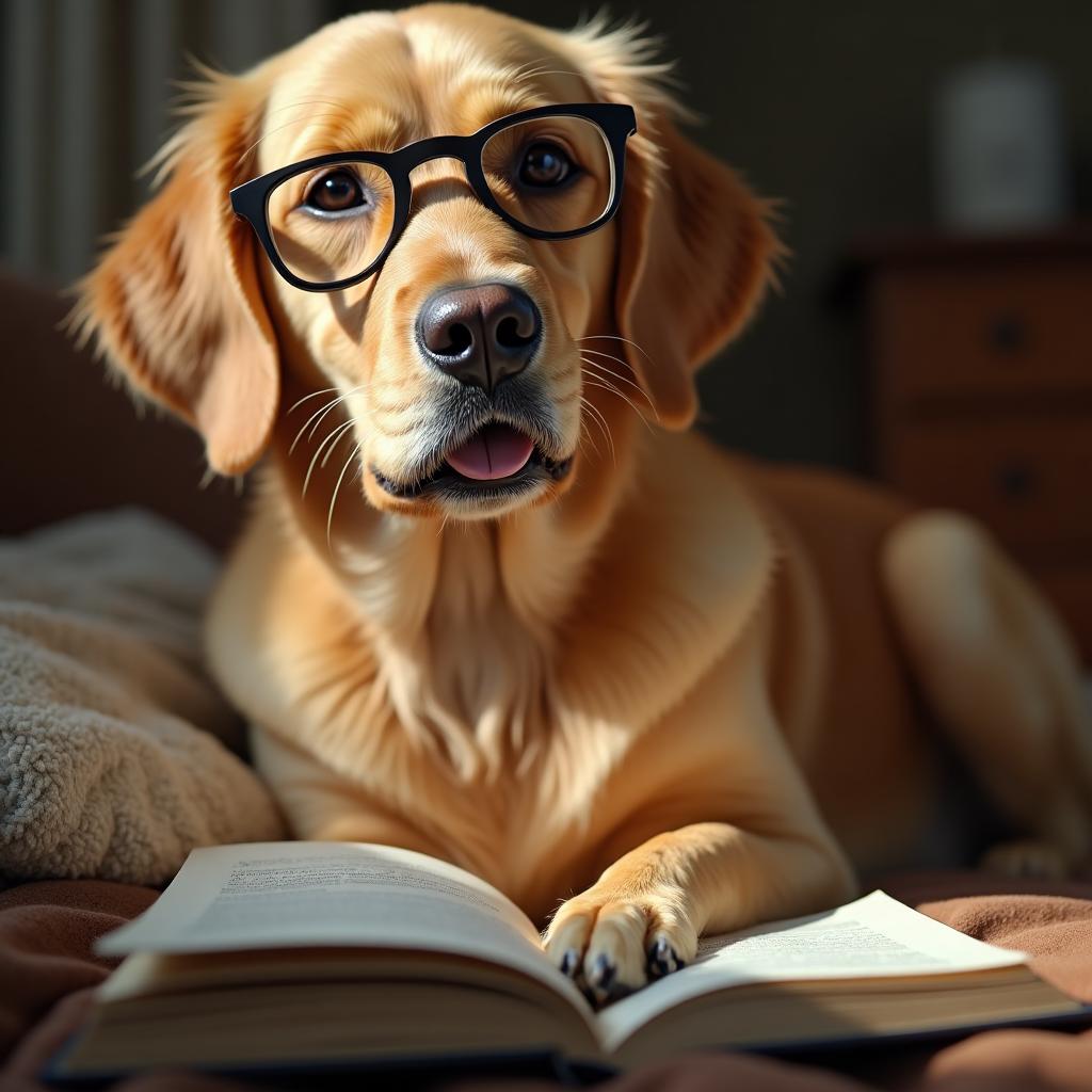 Golden retriever wearing glasses and reading a book, representing comprehensive veterinary education and care