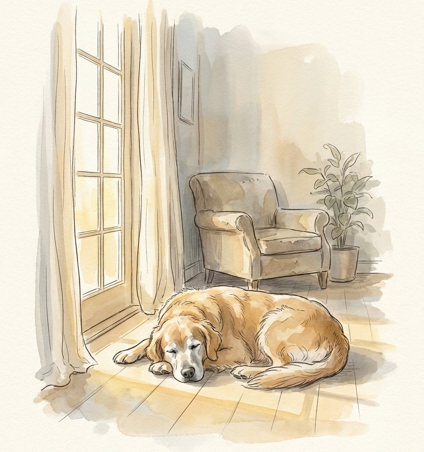 A peaceful senior golden retriever resting in a sunlit room