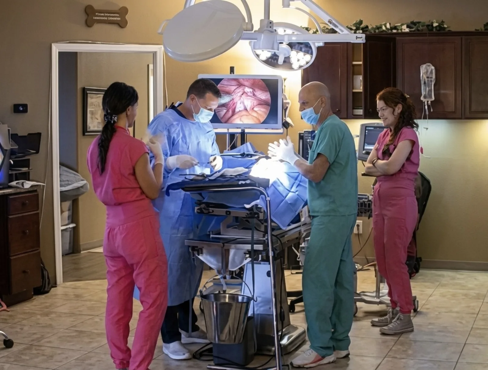 Hearthstone Animal Clinic surgical team training together on laparoscopic spay technique with Dr. Pelton in Cypress, TX