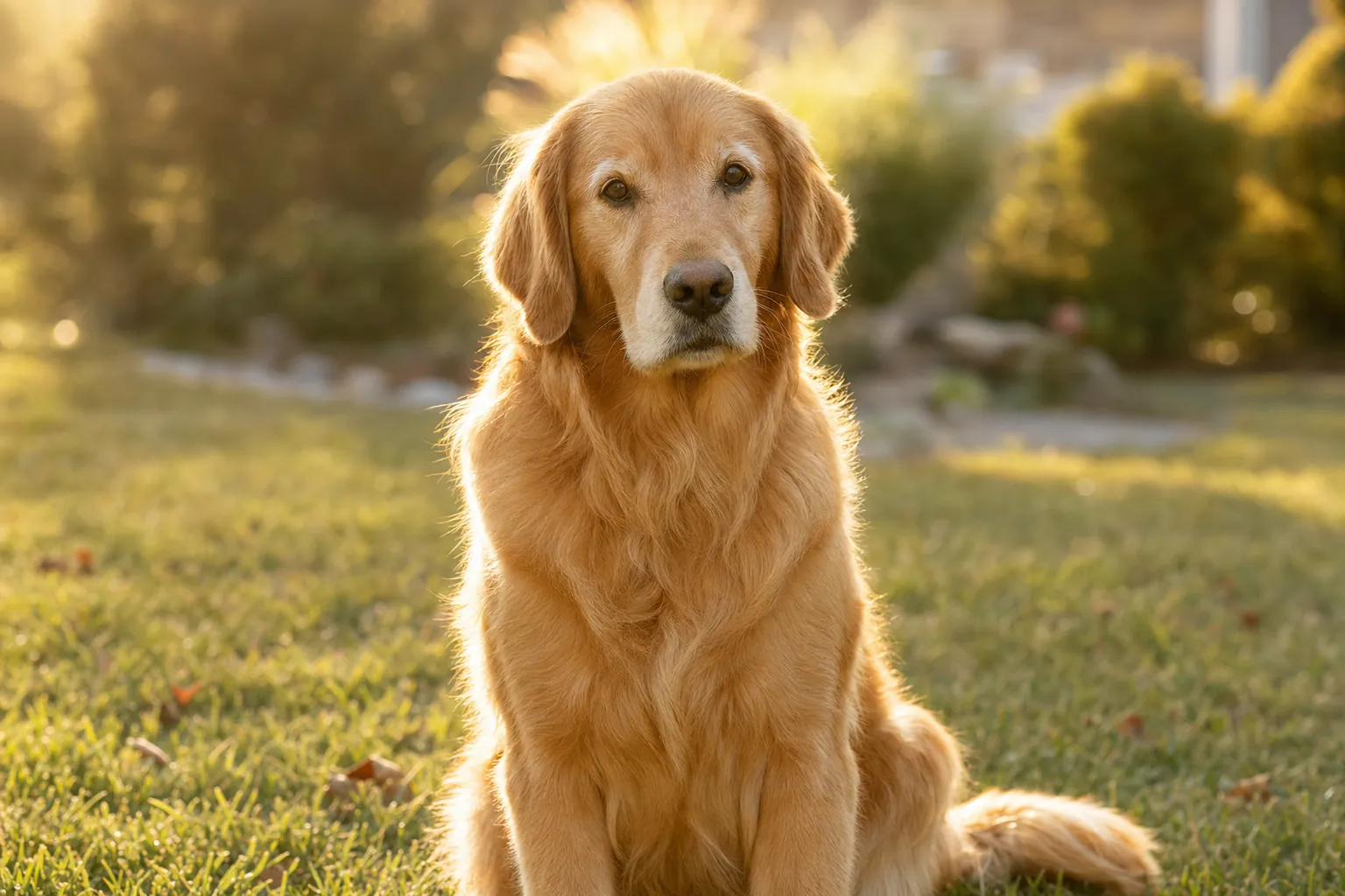 Mature Golden Retriever sitting calmly in a garden at sunset