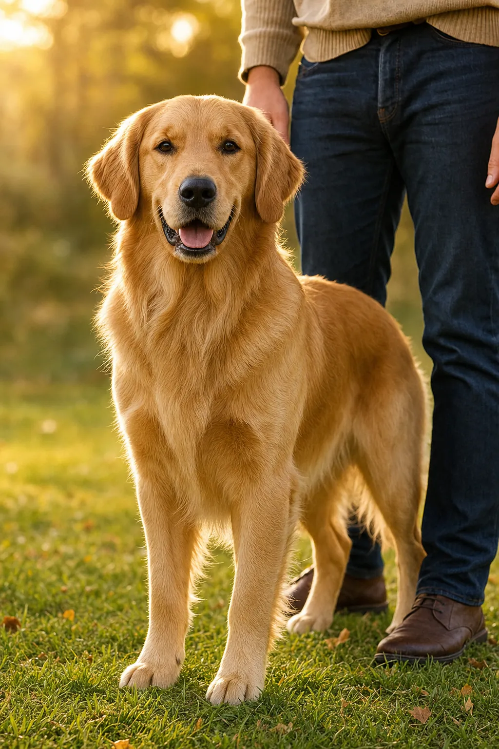 Healthy adult Golden Retriever standing beside her owner in golden afternoon light