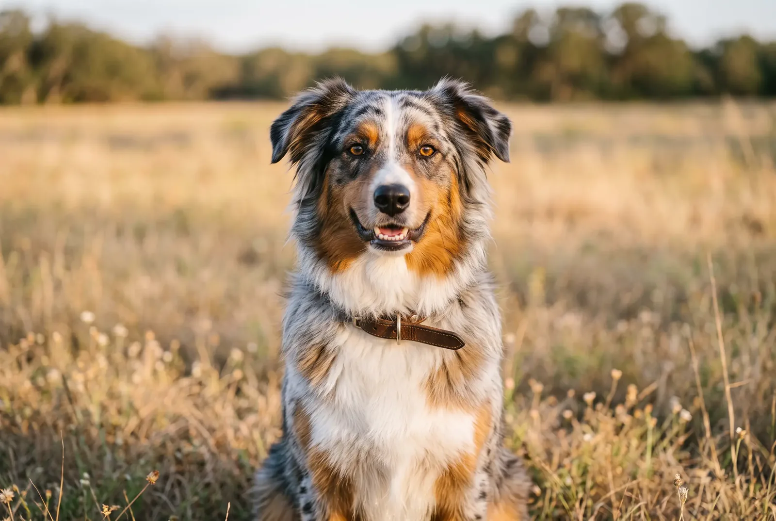 Adult female blue merle Australian Shepherd sitting in a Texas pasture, illustrating a guide on when to spay an Australian Shepherd