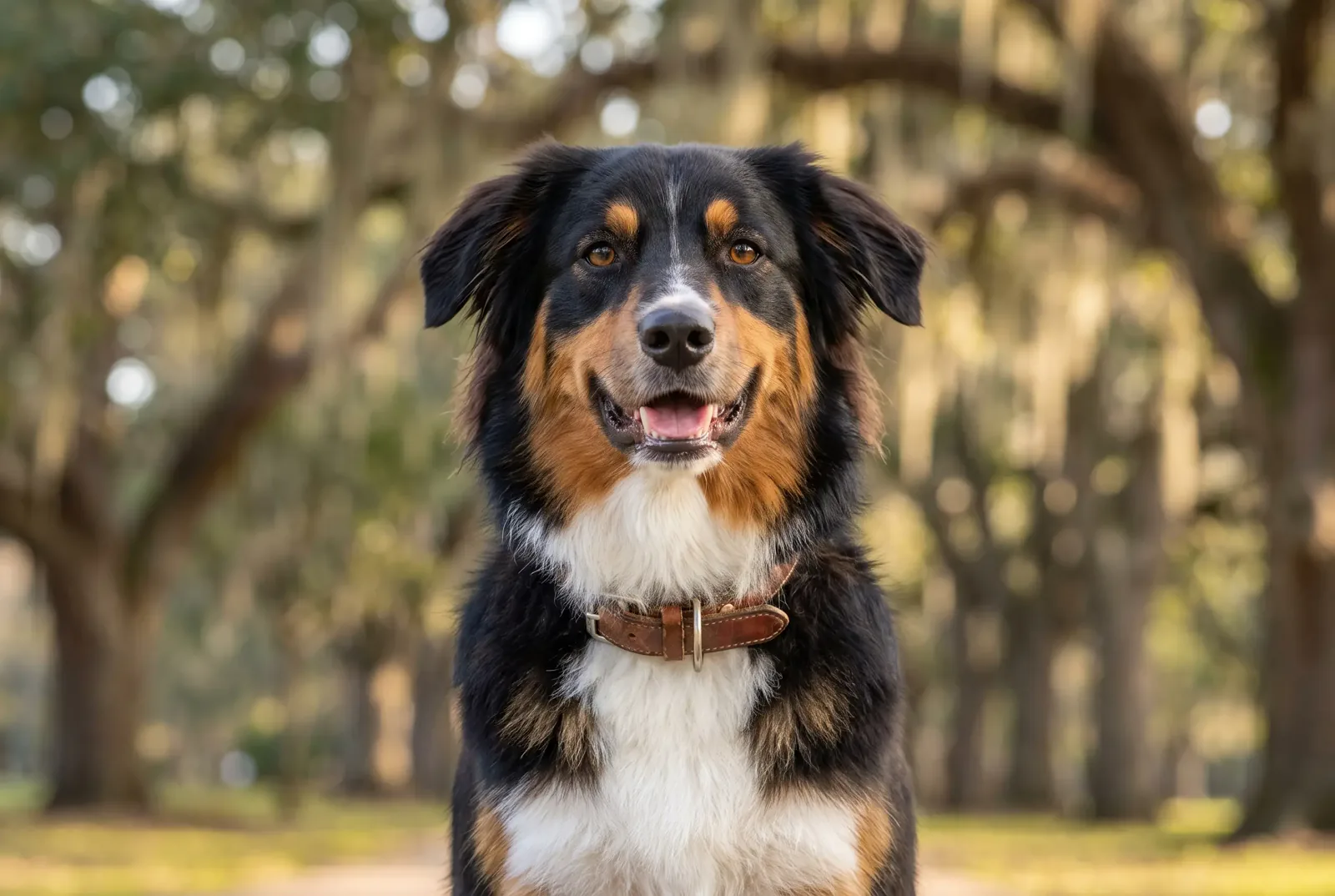 Adult male black tricolour Australian Shepherd sitting in a Texas park, illustrating a guide on when to neuter an Australian Shepherd