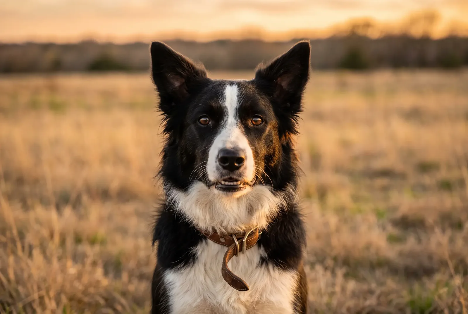 Adult female black-and-white Border Collie sitting in a Texas pasture, illustrating a guide on when to spay a Border Collie