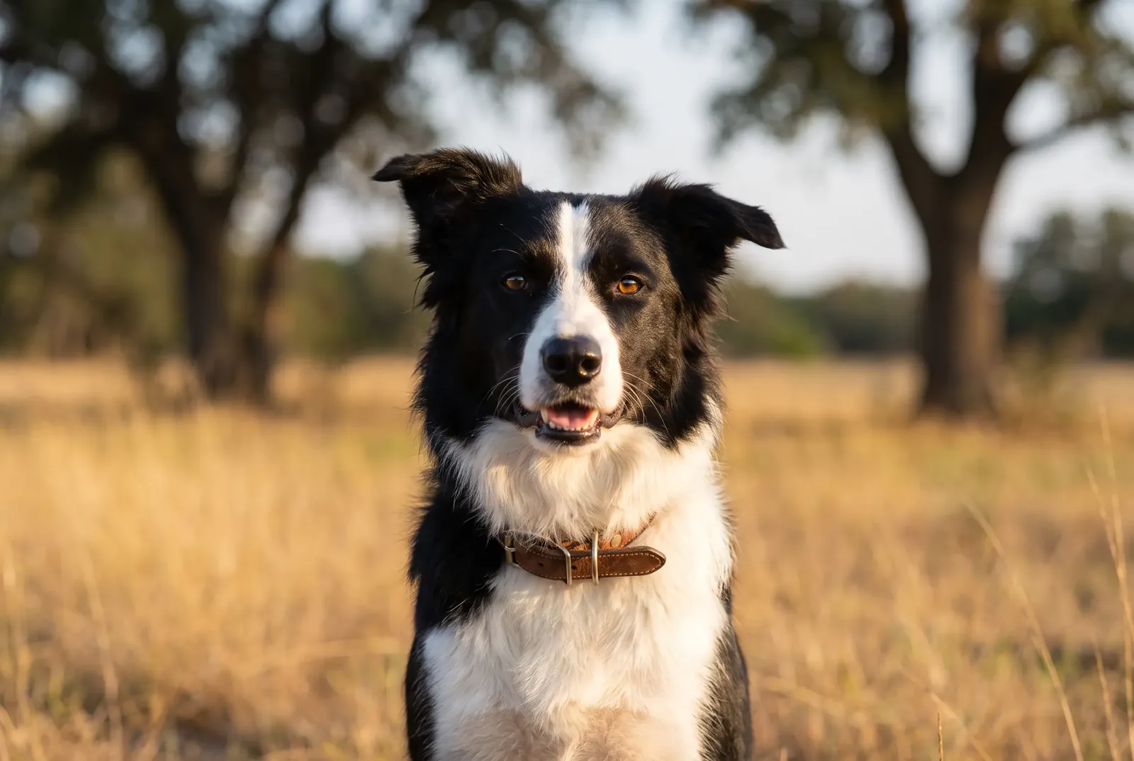 Adult male black-and-white Border Collie sitting in a Texas pasture, illustrating a guide on when to neuter a Border Collie