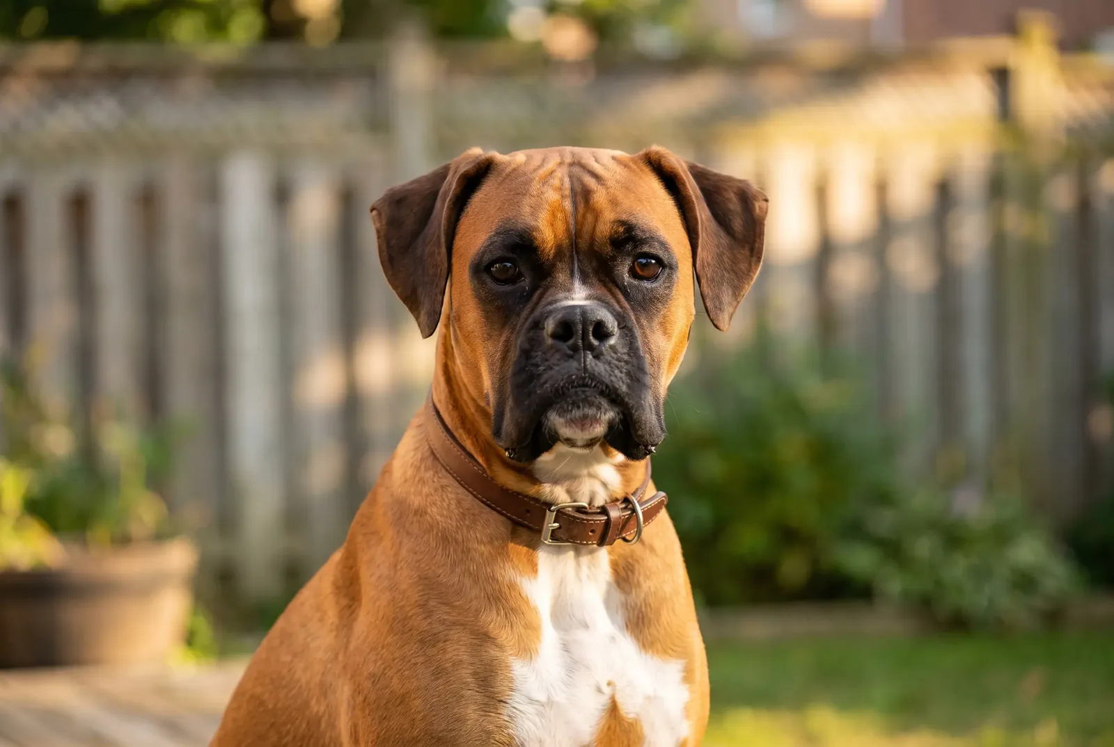 Adult female fawn Boxer with natural uncropped ears sitting in a Texas backyard, illustrating a guide on when to spay a Boxer