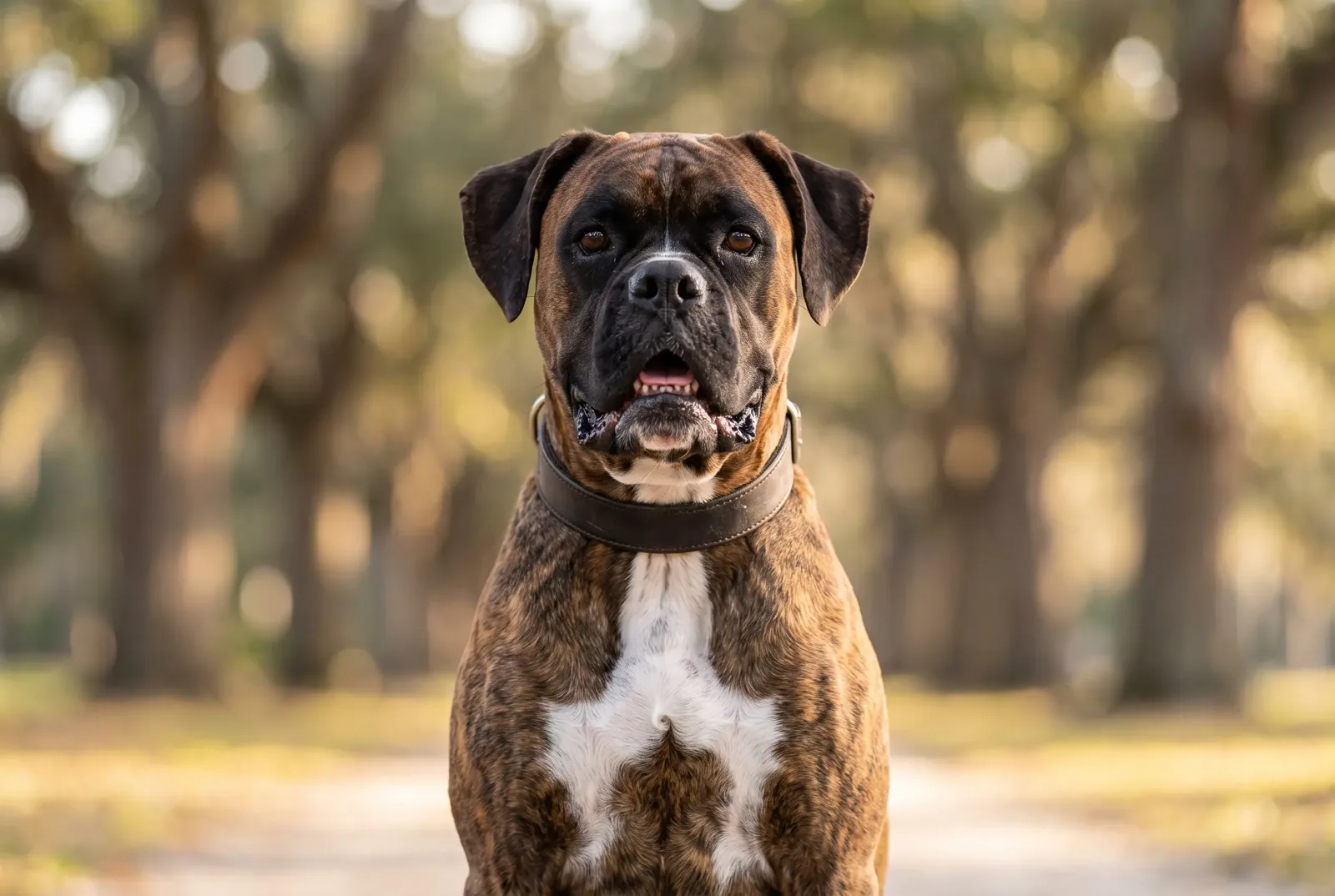 Adult male brindle Boxer with natural uncropped ears sitting in a Texas park, illustrating a guide on when to neuter a Boxer