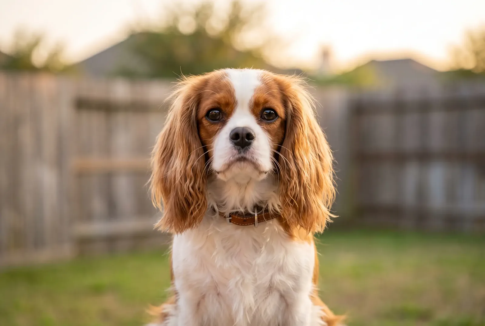 Adult female Blenheim Cavalier King Charles Spaniel sitting in a Texas backyard, illustrating a guide on when to spay a Cavalier