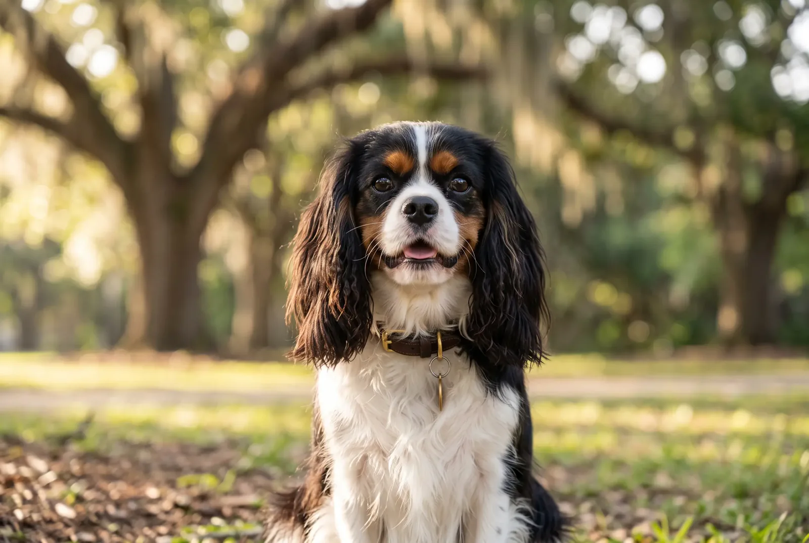 Adult male tricolour Cavalier King Charles Spaniel sitting in a Texas park, illustrating a guide on when to neuter a Cavalier