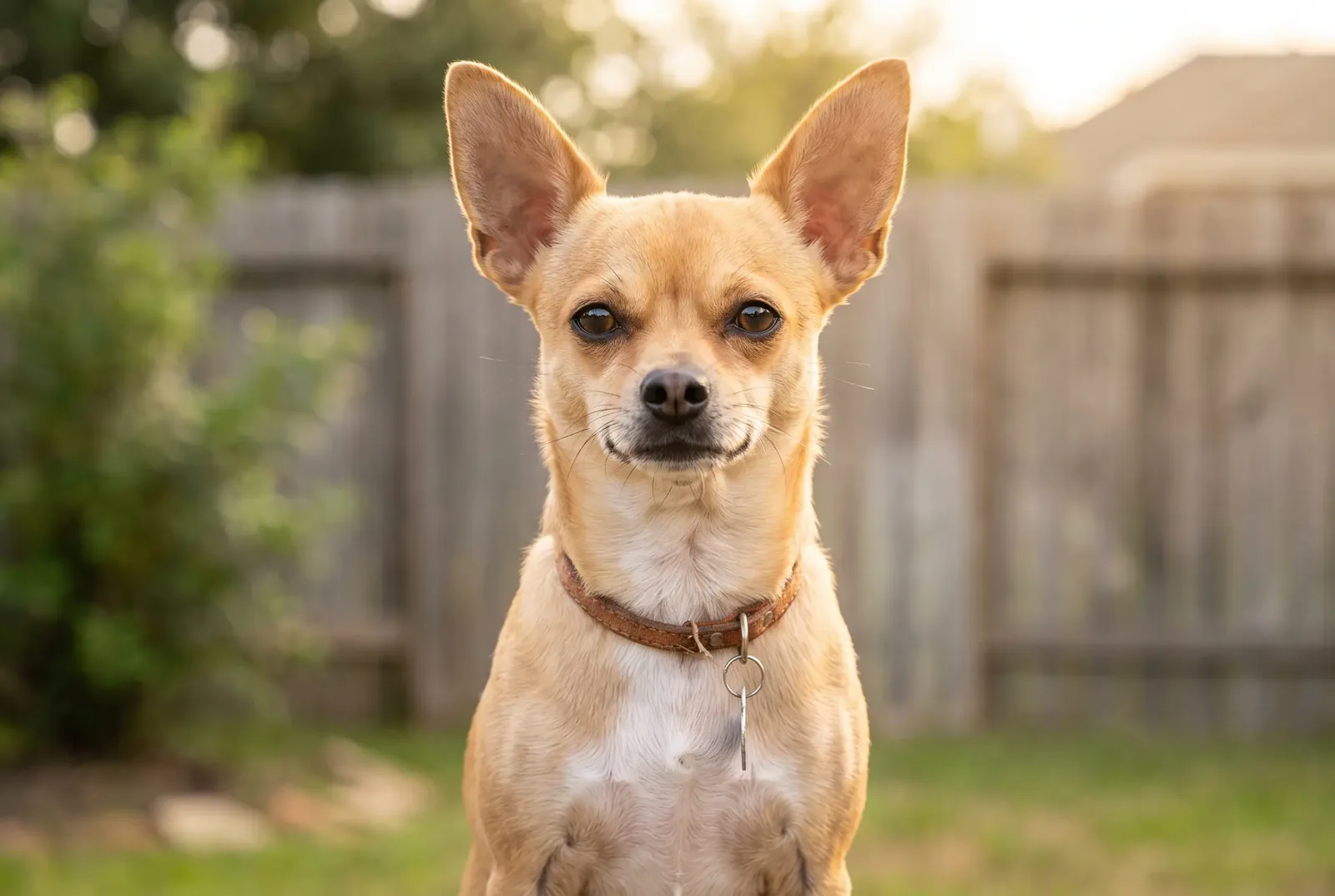 Adult female fawn smooth-coat Chihuahua sitting in a Texas backyard, illustrating a guide on when to spay a Chihuahua