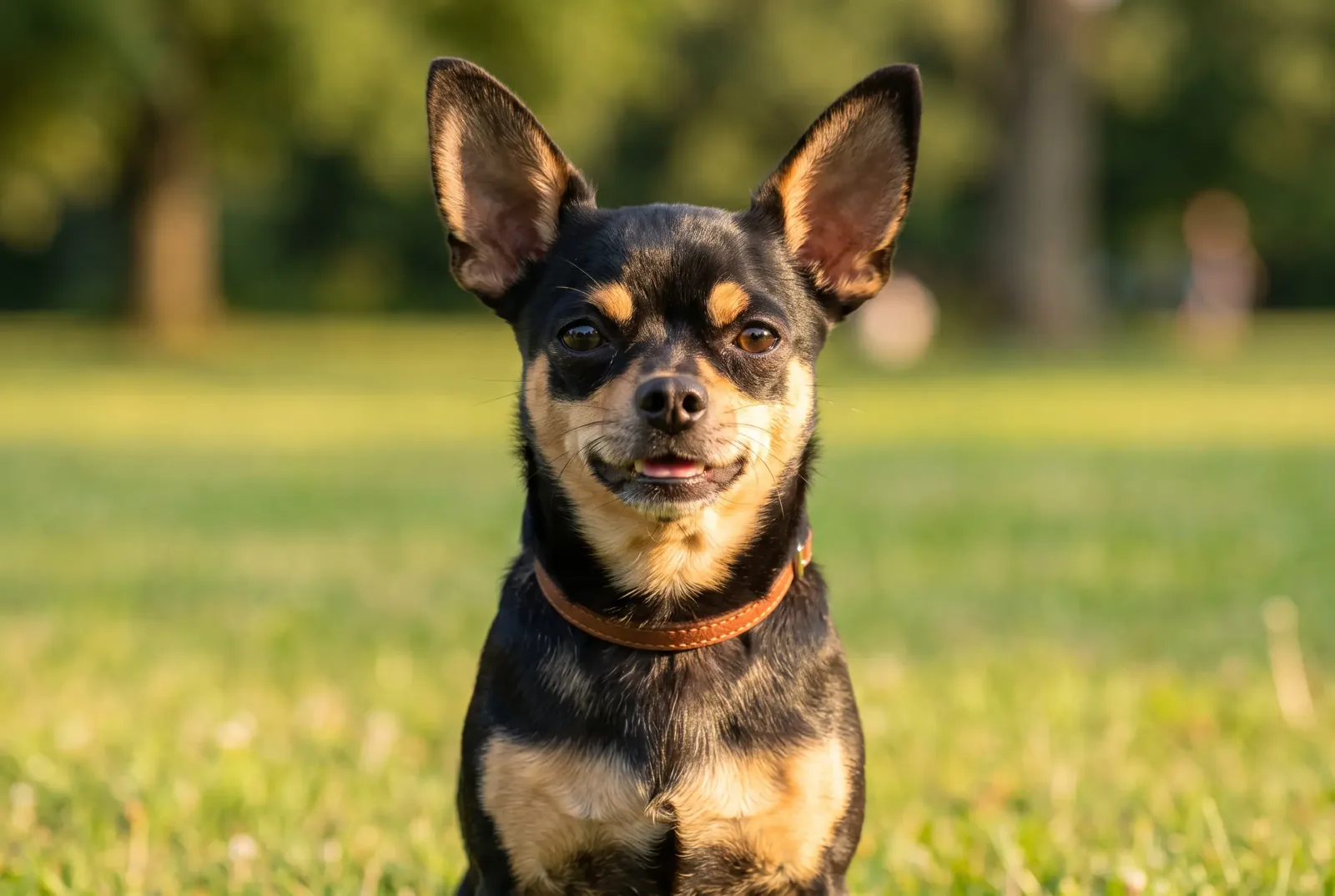 Adult male black-and-tan smooth-coat Chihuahua sitting in a Texas park, illustrating a guide on when to neuter a Chihuahua