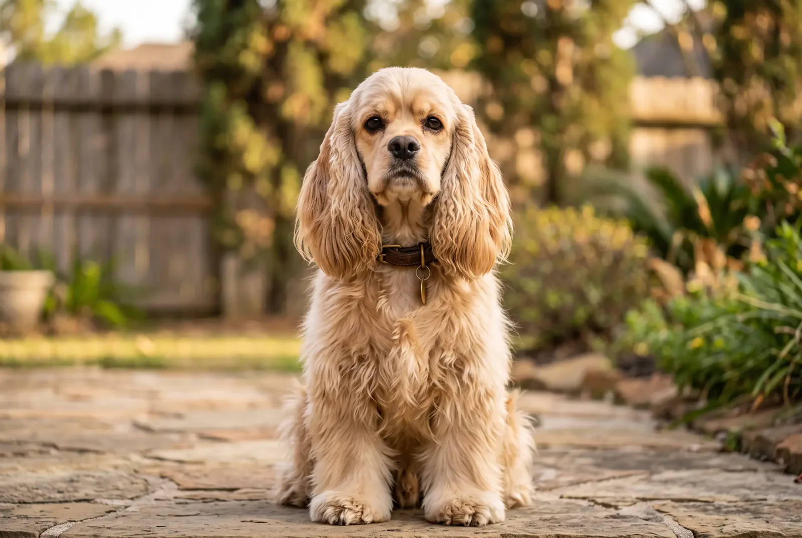 Adult female buff American Cocker Spaniel sitting in a Texas backyard, illustrating a guide on when to spay a Cocker Spaniel