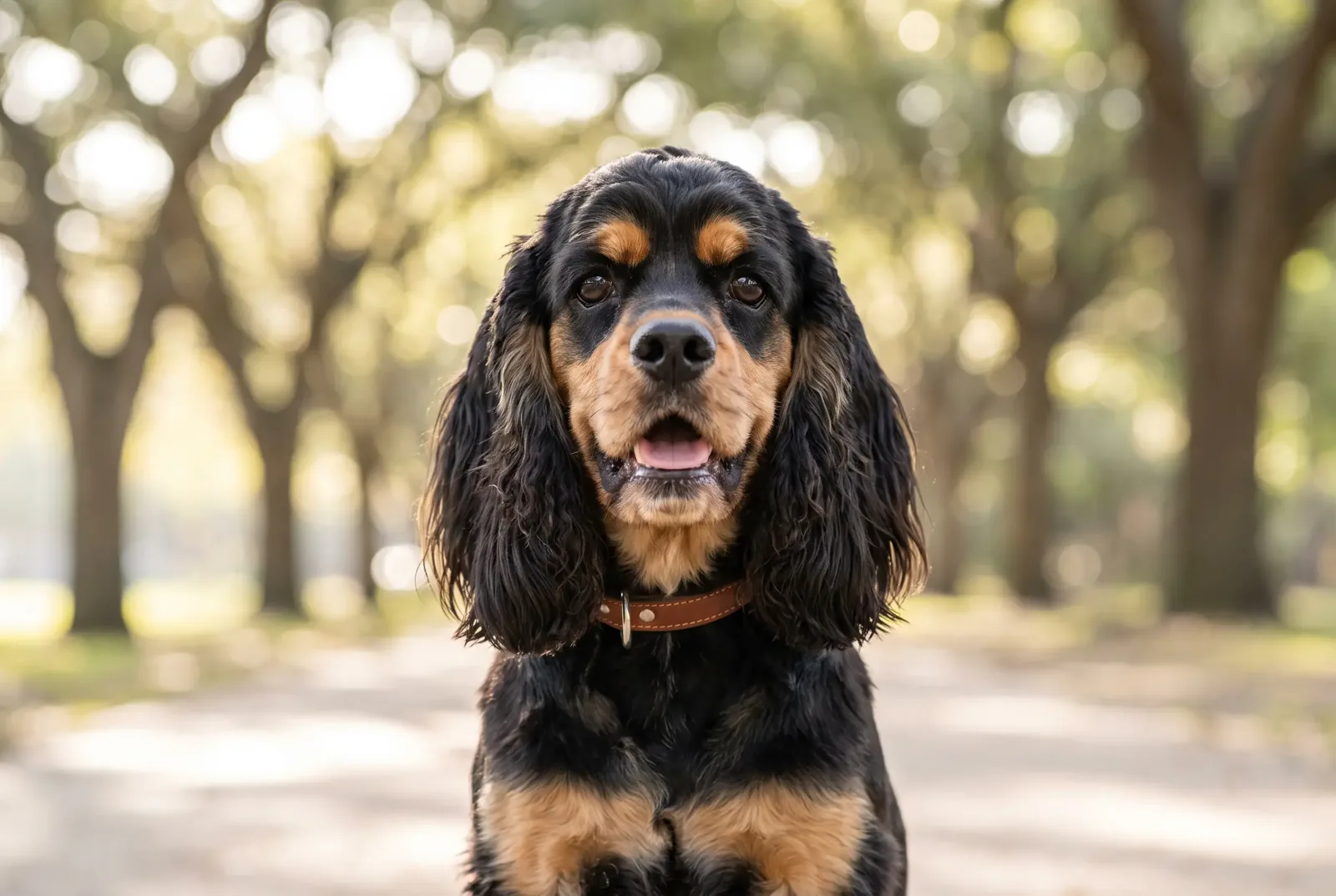 Adult male black-and-tan American Cocker Spaniel sitting in a Texas park, illustrating a guide on when to neuter a Cocker Spaniel