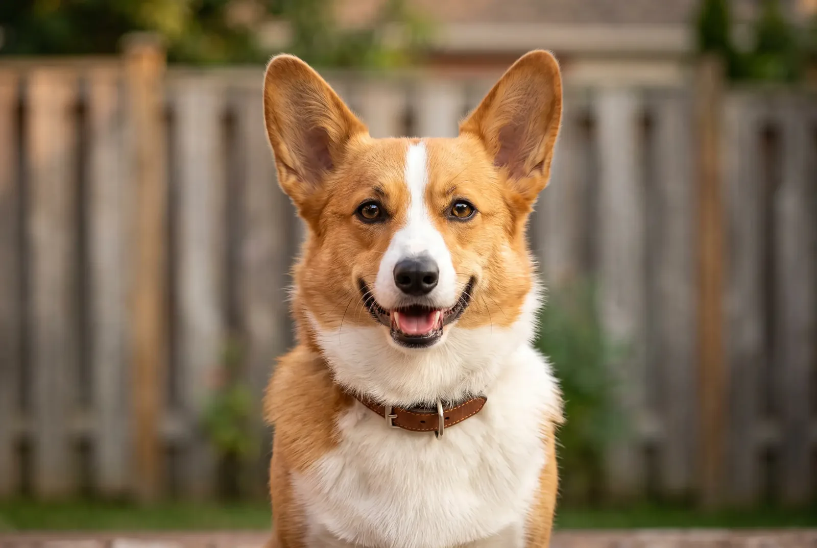 Adult female red-and-white Pembroke Welsh Corgi sitting in a Texas backyard, illustrating a guide on when to spay a Corgi