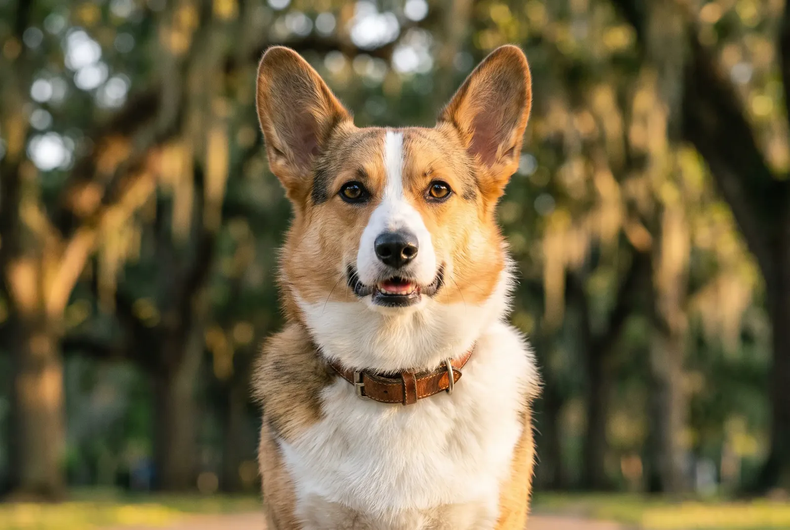 Adult male sable Pembroke Welsh Corgi sitting in a Texas park, illustrating a guide on when to neuter a Corgi