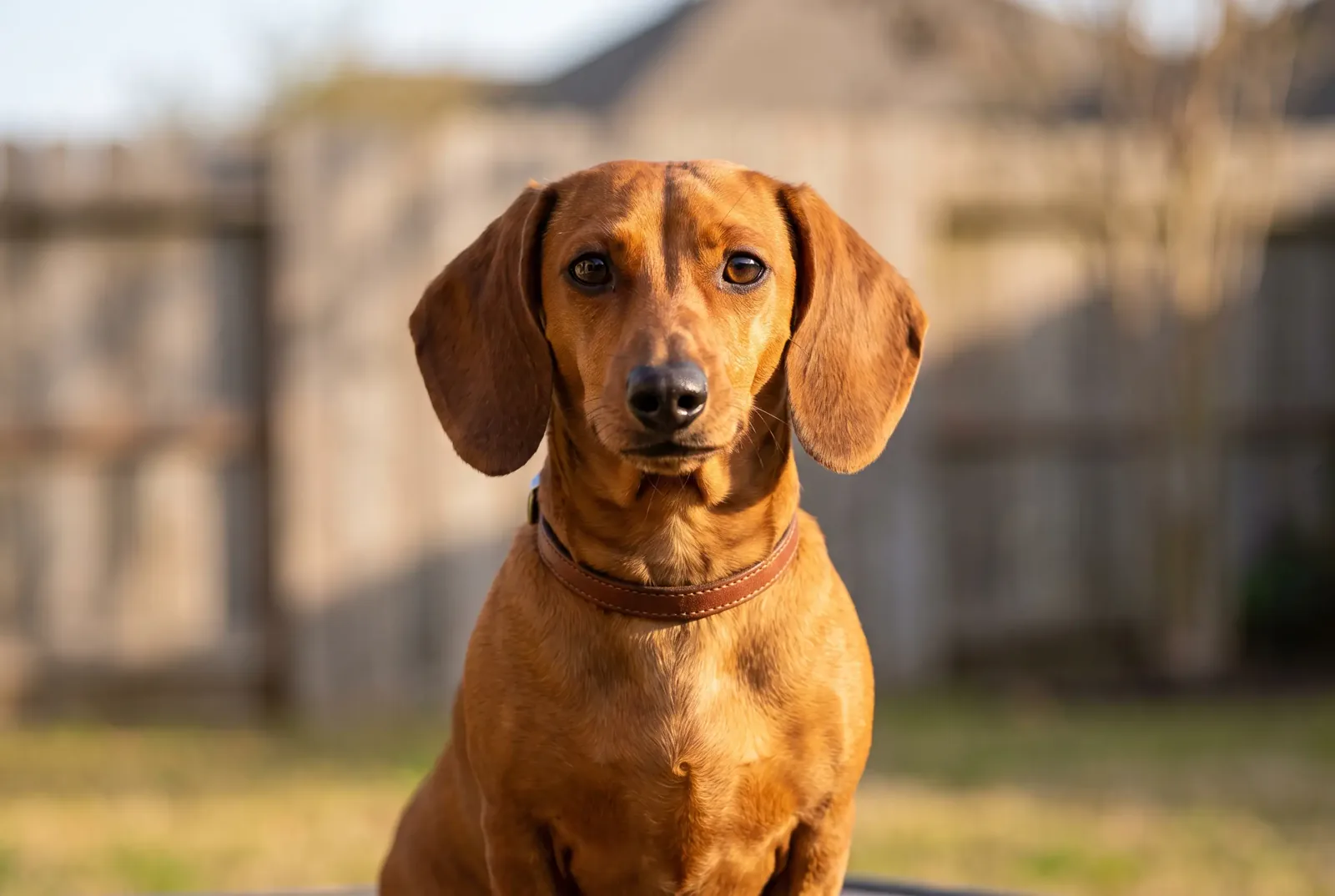 Adult female red smooth-coated Dachshund sitting in a Texas backyard, illustrating a guide on when to spay a Dachshund