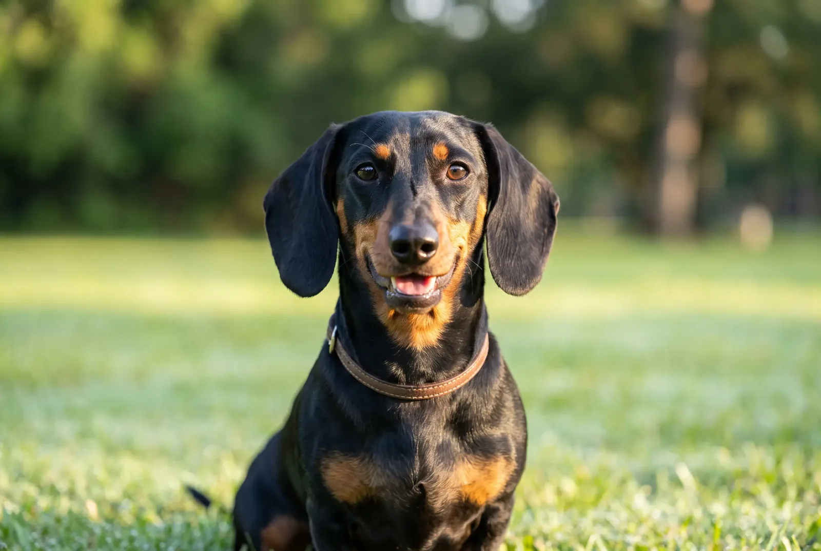 Adult male black-and-tan smooth-coated Dachshund sitting in a Texas park, illustrating a guide on when to neuter a Dachshund