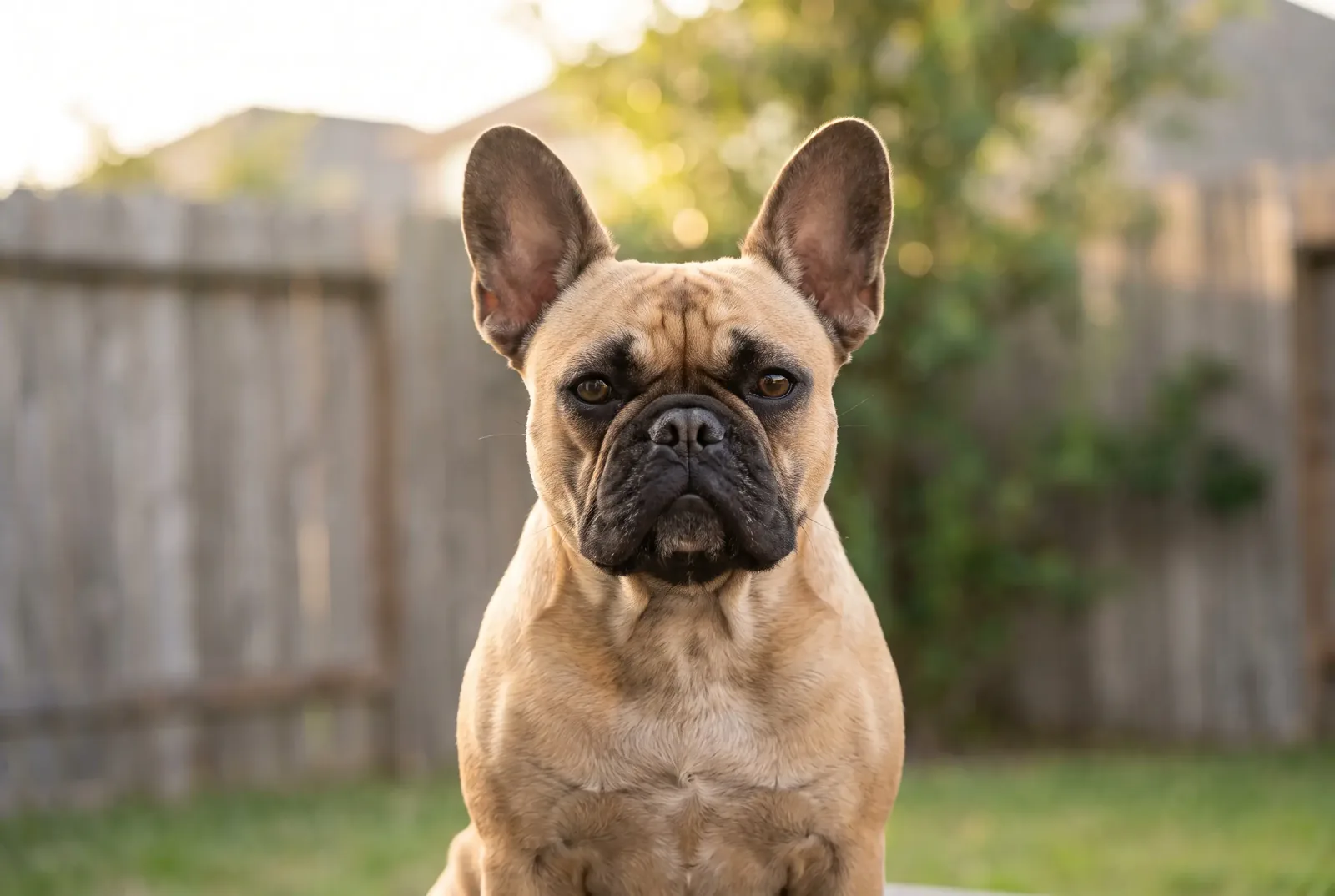 Adult female French Bulldog with a fawn coat and bat ears sitting in a Texas backyard, illustrating a guide on when to spay a French Bulldog