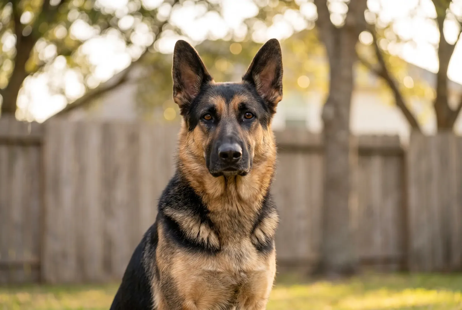 Adult female German Shepherd with a black-and-tan coat sitting in a Texas backyard, illustrating a guide on when to spay a German Shepherd
