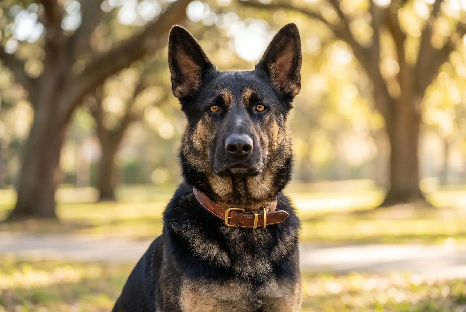 Adult male German Shepherd with a black-and-tan coat sitting in a Texas park, illustrating a guide on when to neuter a German Shepherd