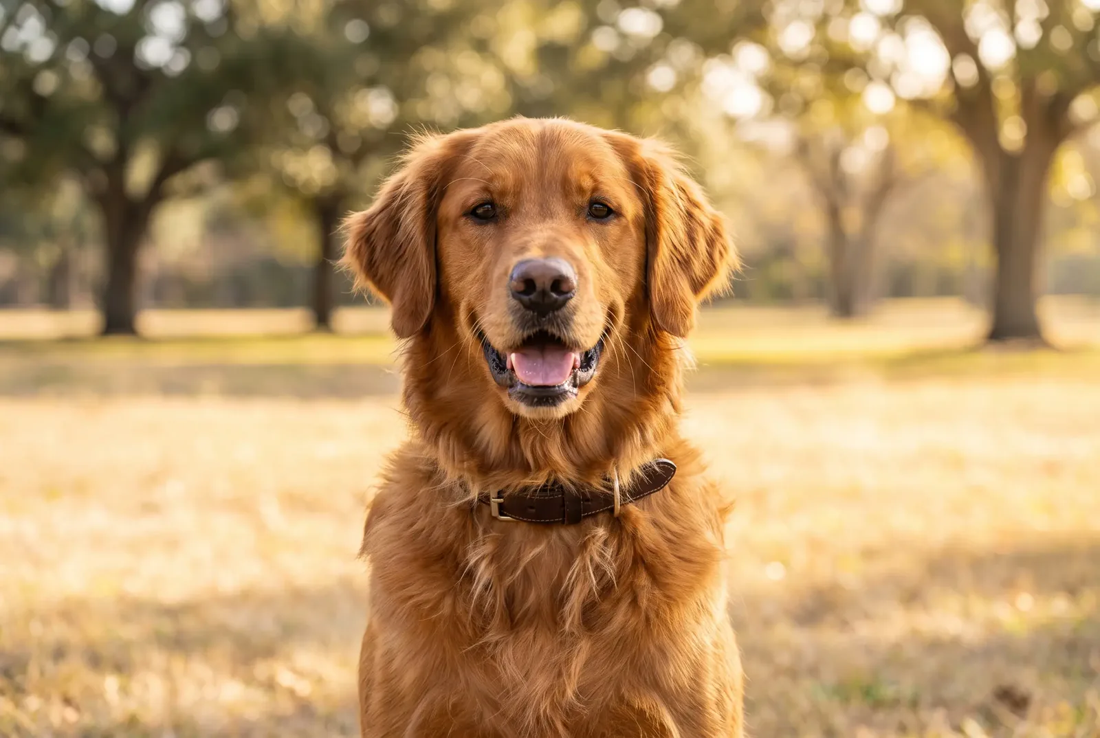 Adult male Golden Retriever sitting in a Texas park under live oaks, illustrating a guide on when to neuter a Golden Retriever