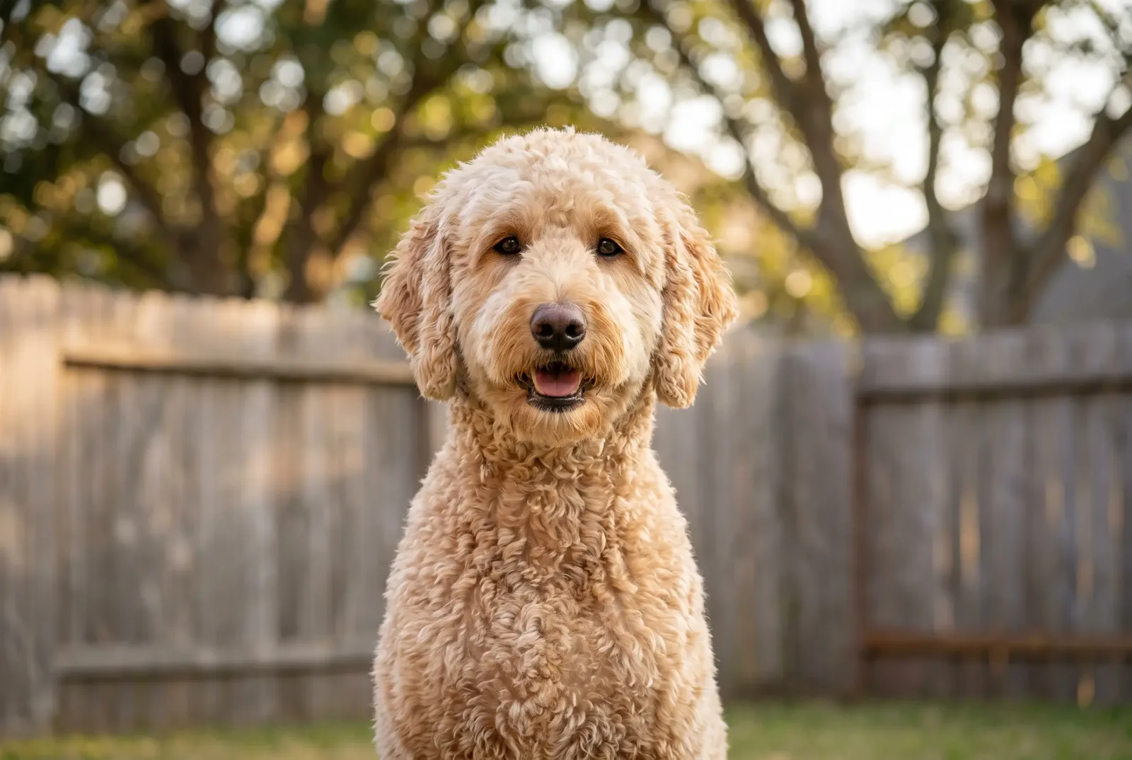 Adult female Goldendoodle with a cream apricot coat sitting in a Texas backyard, illustrating a guide on when to spay a Goldendoodle