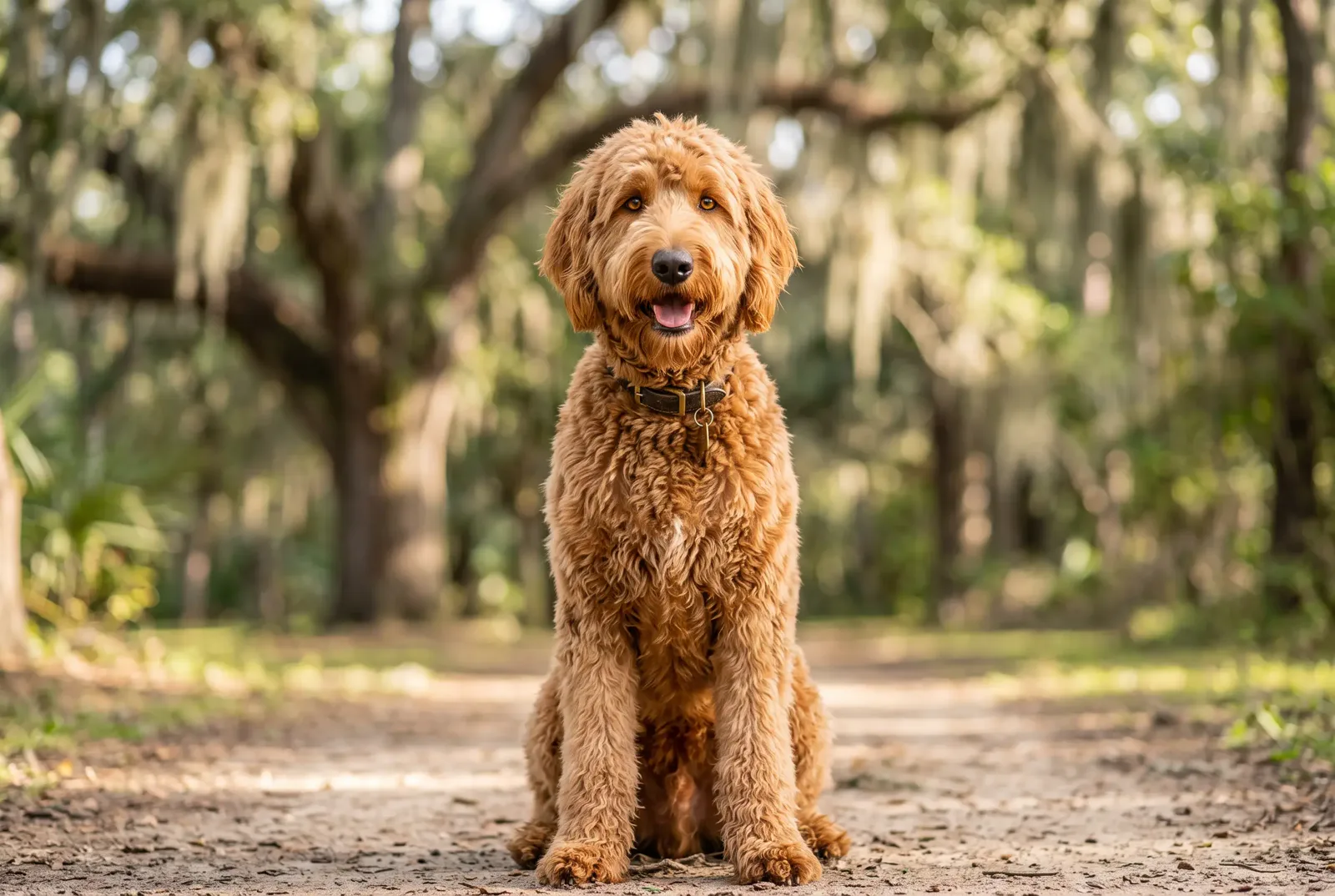 Adult male Goldendoodle with a golden-red coat sitting on a Texas park trail under live oaks, illustrating a guide on when to neuter a Goldendoodle