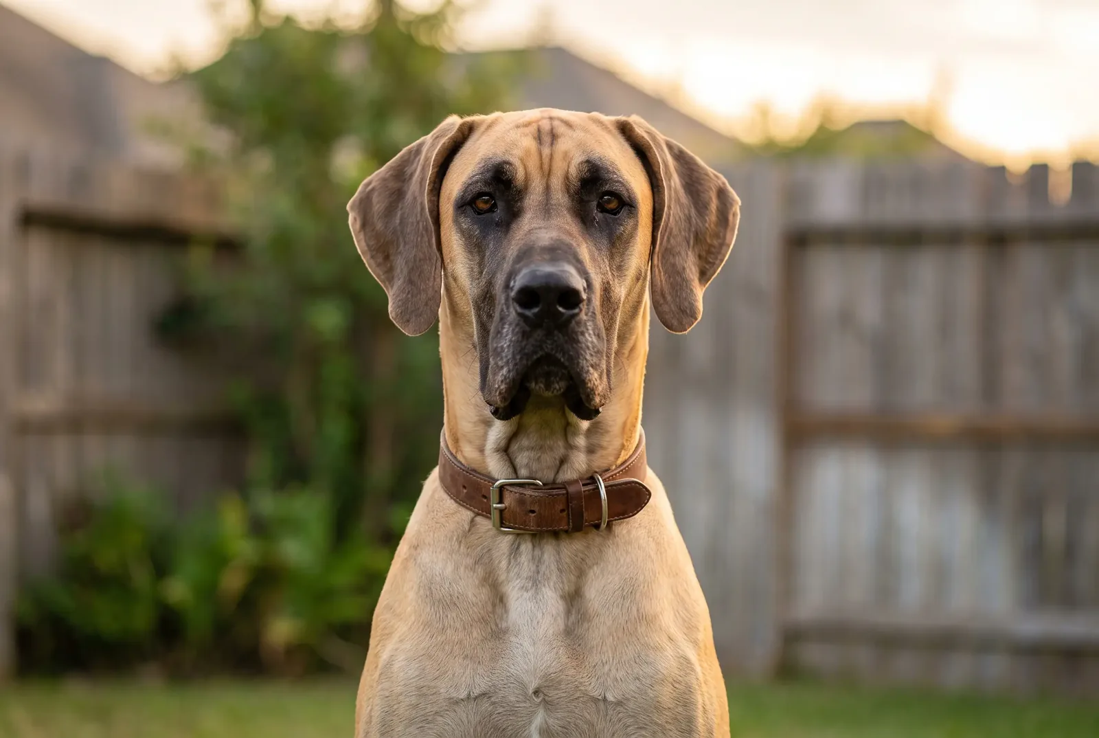 Adult male fawn Great Dane with natural uncropped ears sitting in a Texas backyard, illustrating a guide on when to neuter a Great Dane