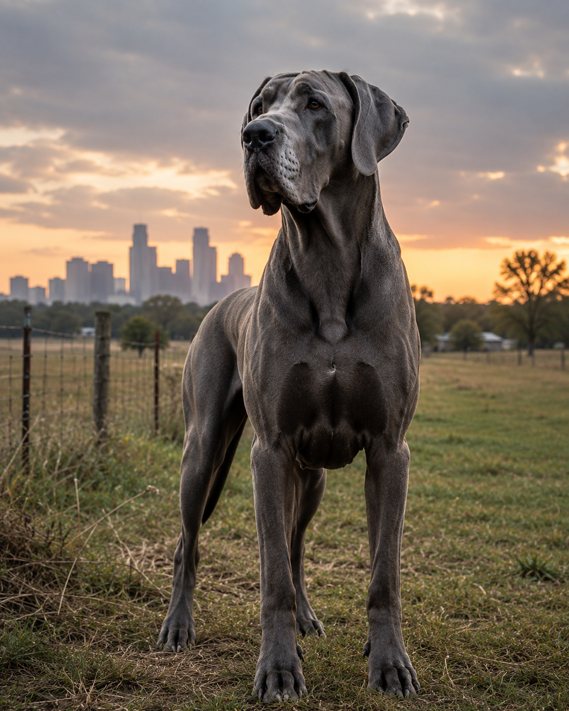 Great Dane standing in an open field at sunset