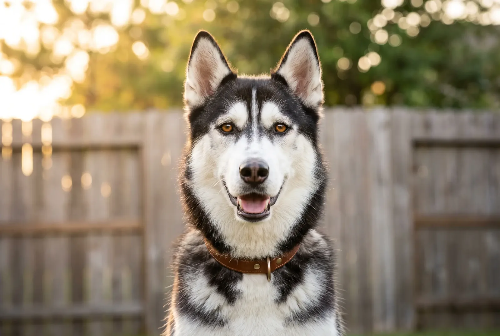 Adult male black-and-white Siberian Husky sitting in a Texas backyard, illustrating a guide on when to neuter a Husky