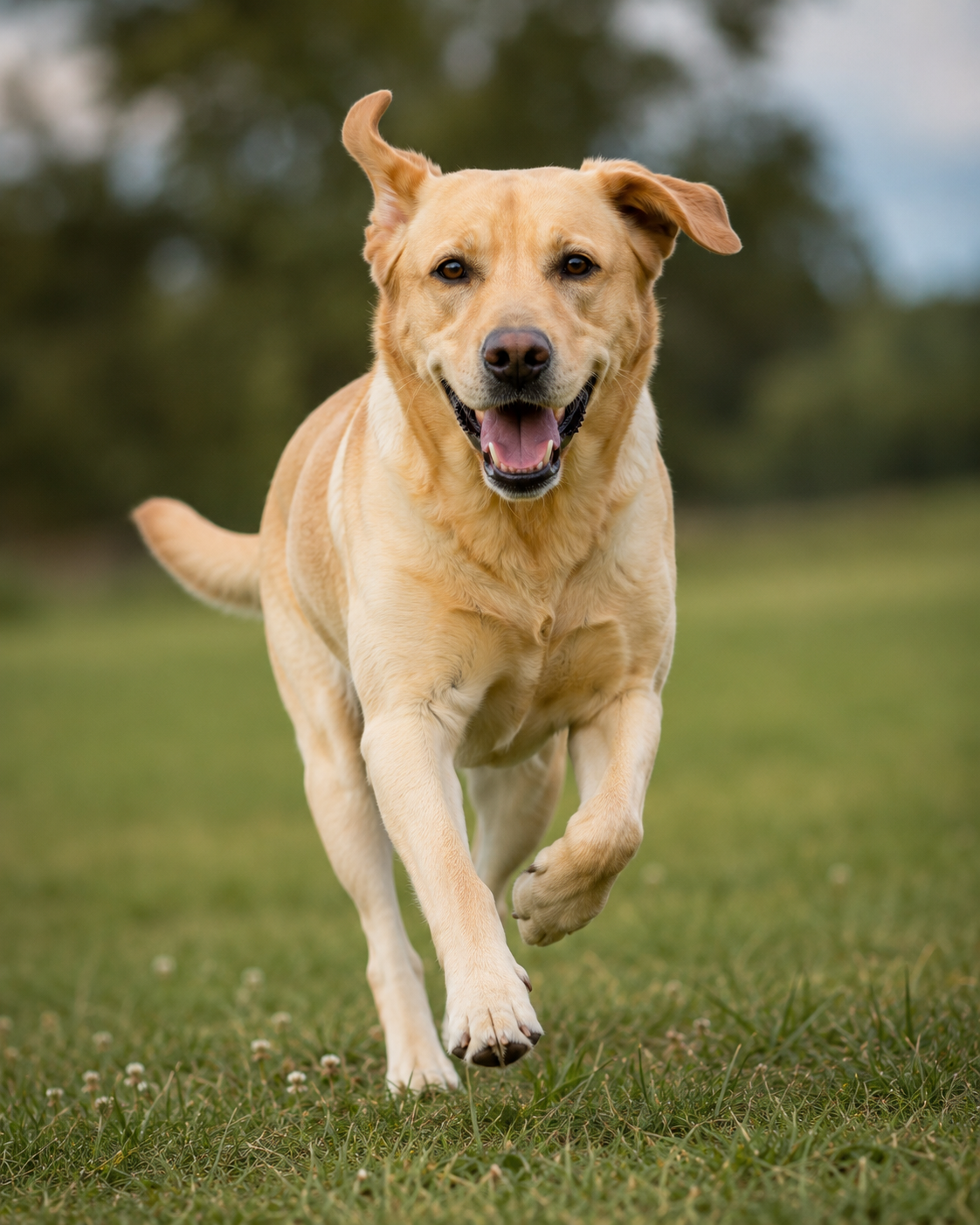 Happy yellow Labrador running across grass