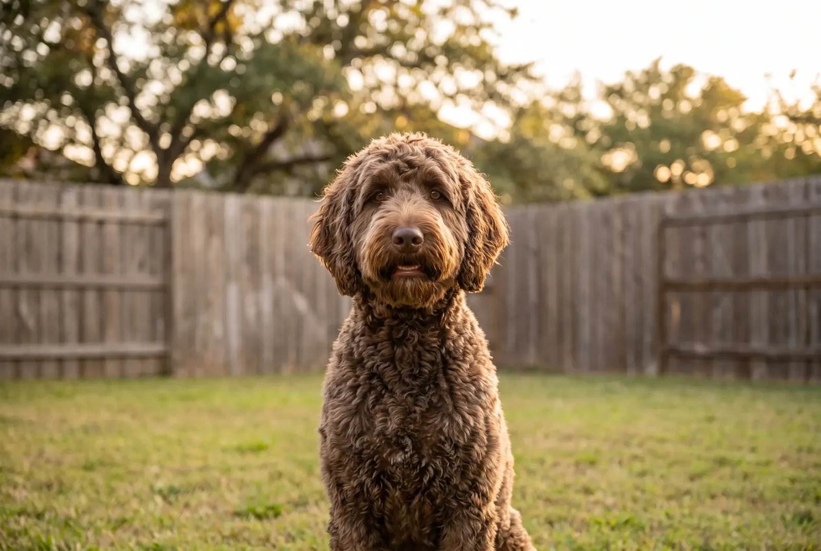 Adult female Labradoodle with a wavy chocolate coat sitting in a Texas backyard, illustrating a guide on when to spay a Labradoodle