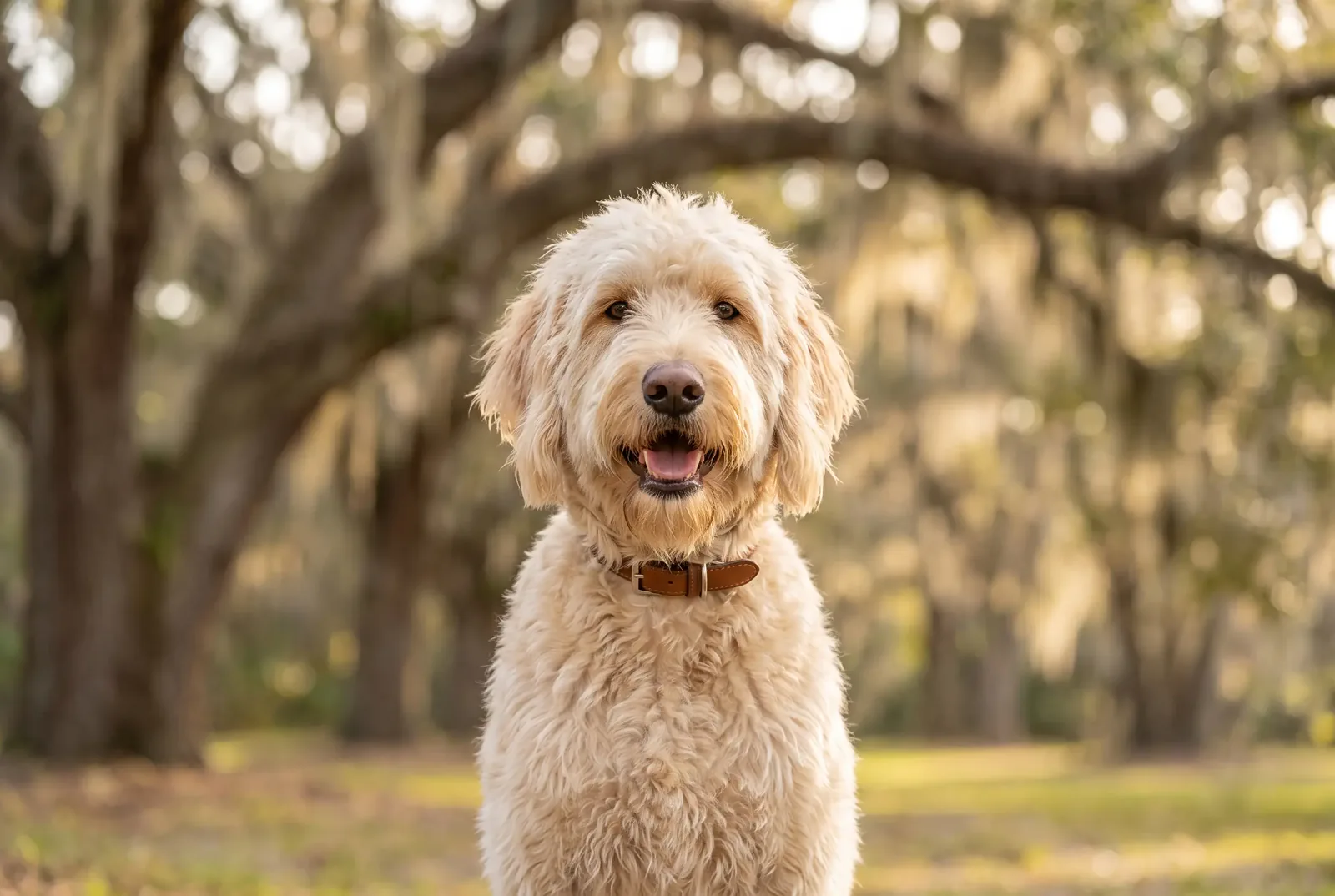 Adult male Labradoodle with a shaggy cream coat sitting on a Texas porch, illustrating a guide on when to neuter a Labradoodle