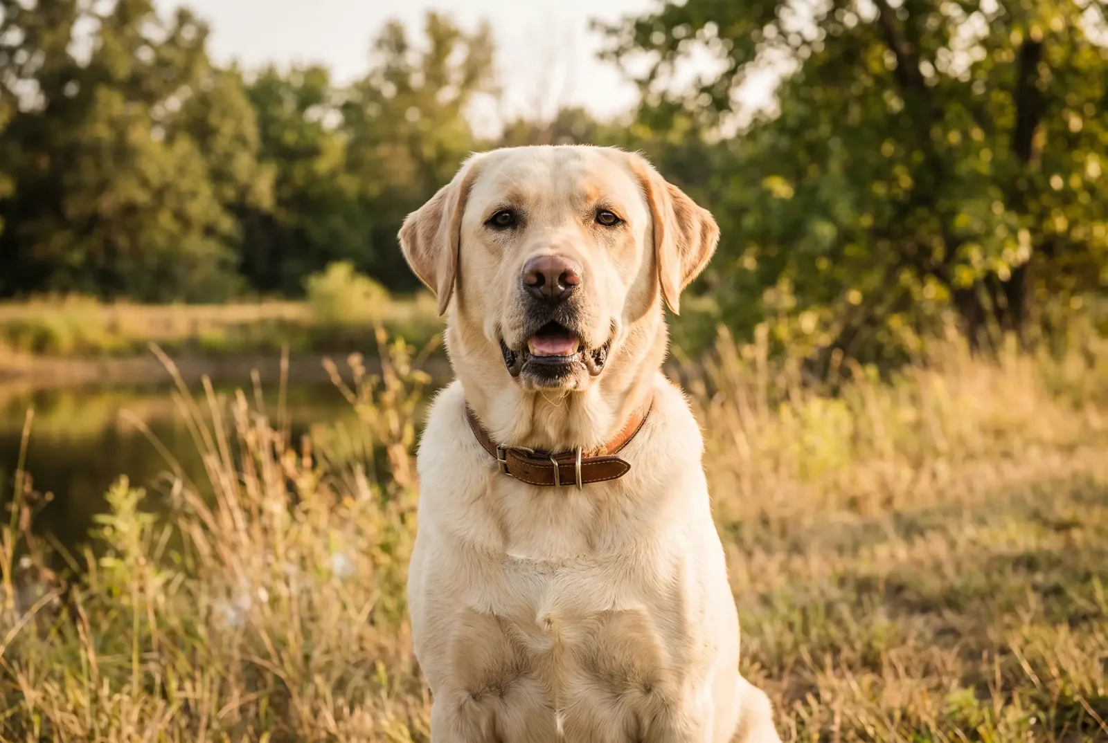 Adult male yellow Labrador Retriever sitting by a Texas pond, illustrating a guide on when to neuter a Labrador