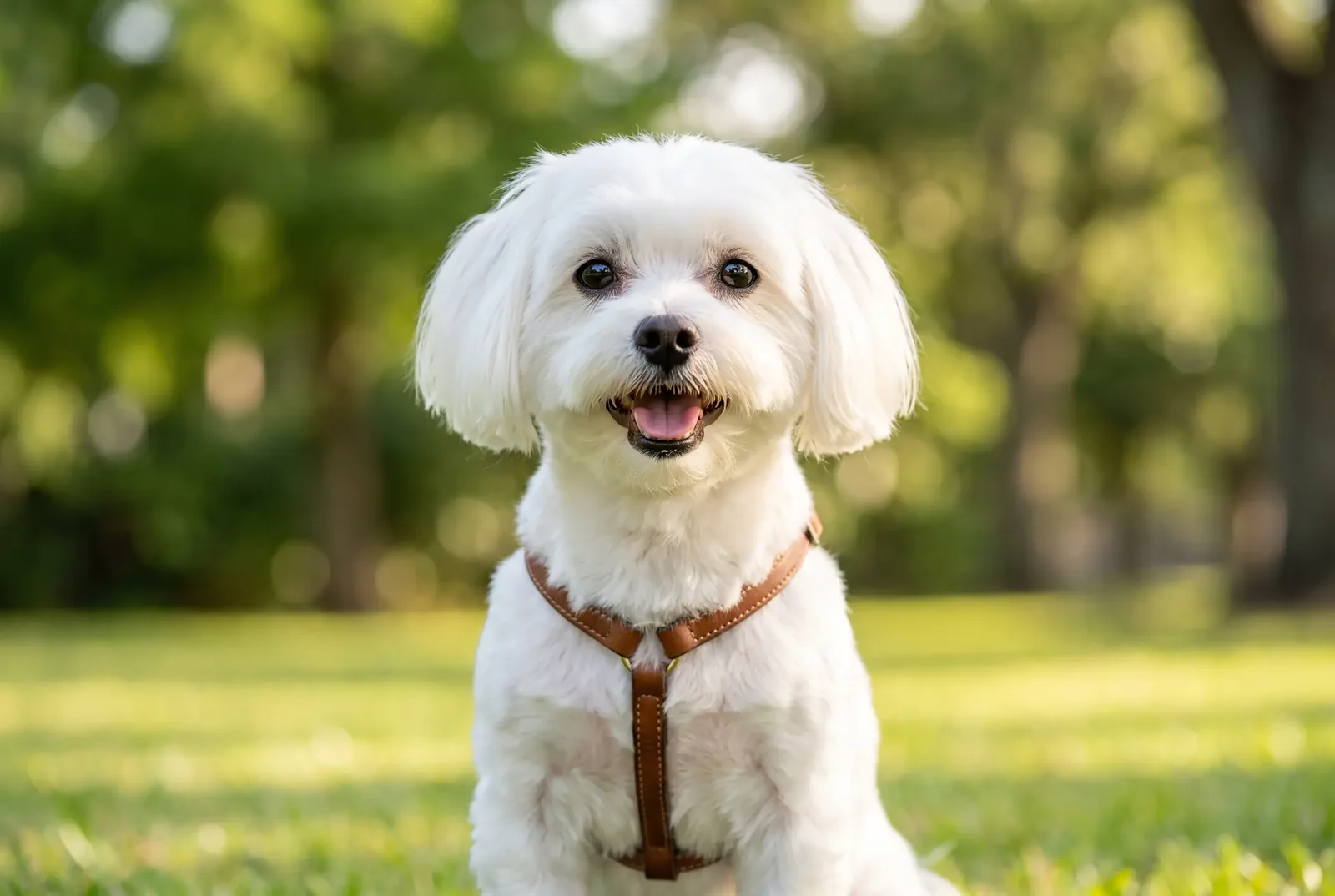 Adult male white Maltese sitting in a Texas park, illustrating a guide on when to neuter a Maltese