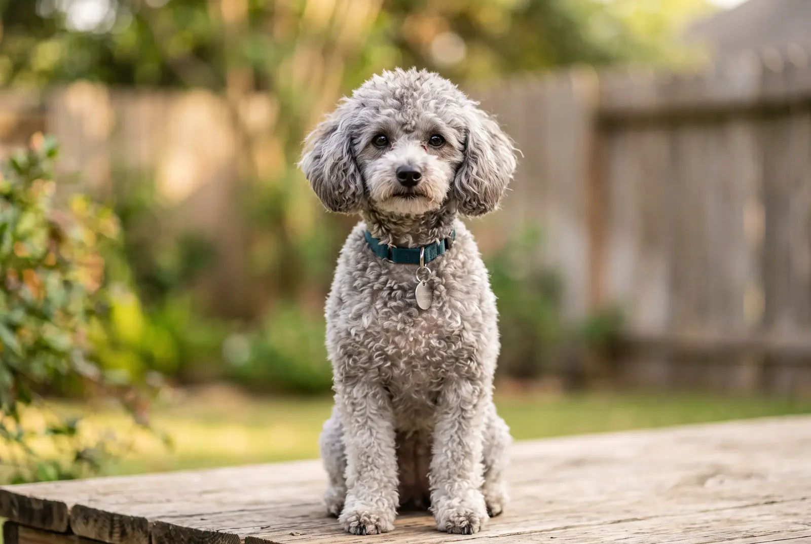 Adult female Miniature Poodle with an apricot curly coat sitting on a Texas porch, illustrating a guide on when to spay a Miniature or Toy Poodle