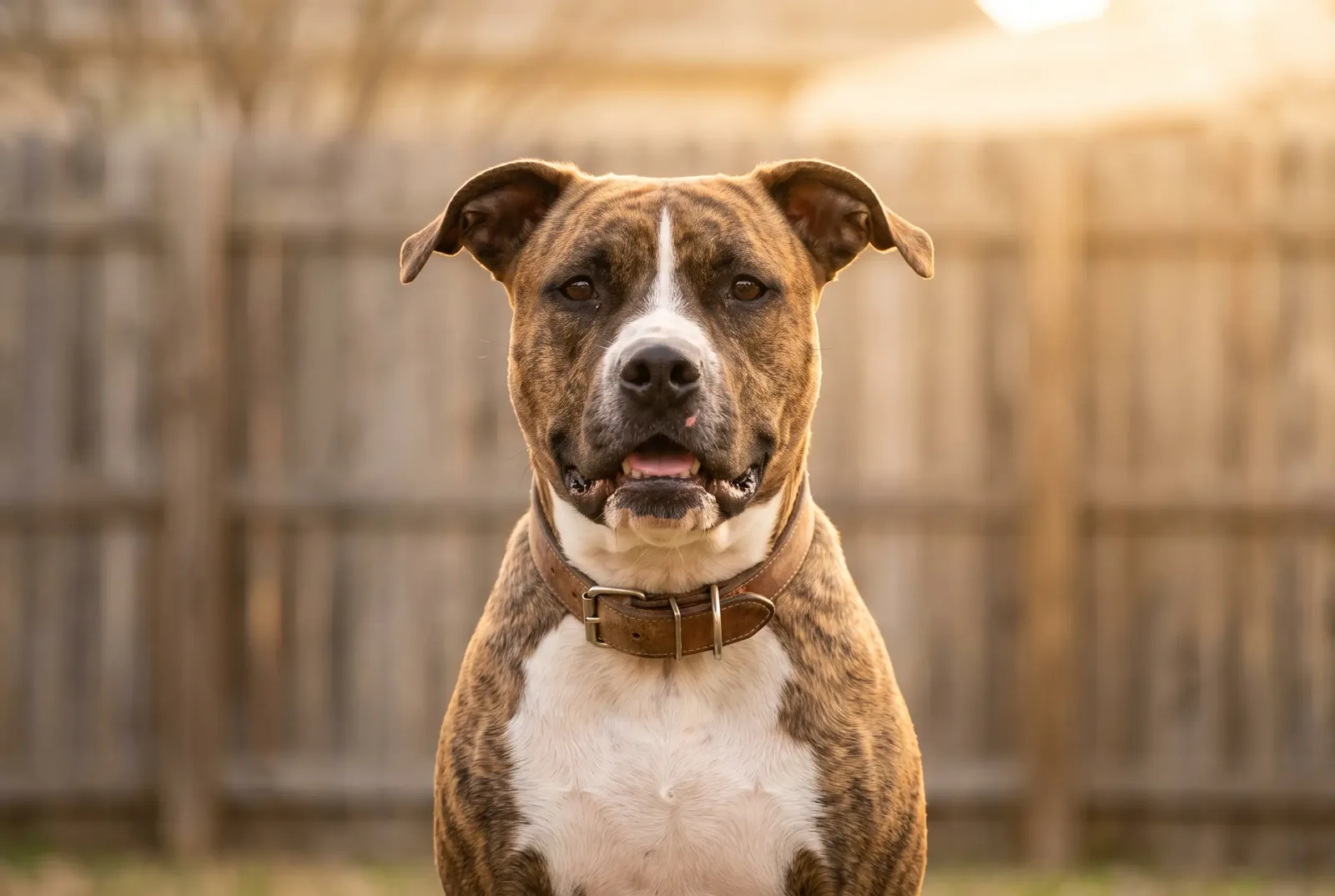 Adult female brindle American Staffordshire Terrier with natural ears sitting in a Texas backyard, illustrating a guide on when to spay a pit bull type dog
