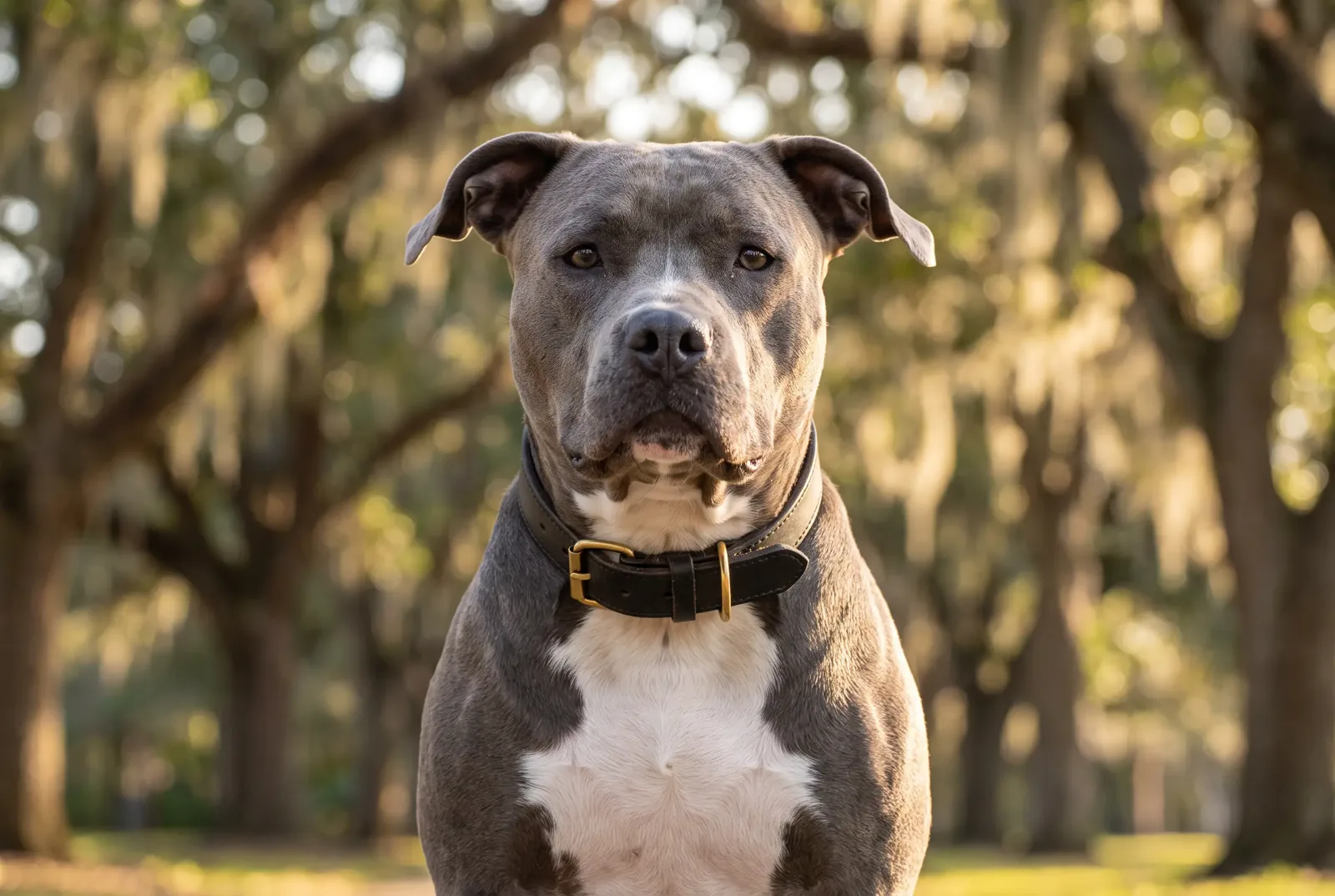Adult male blue-grey American Staffordshire Terrier with natural ears sitting in a Texas park, illustrating a guide on when to neuter a pit bull type dog
