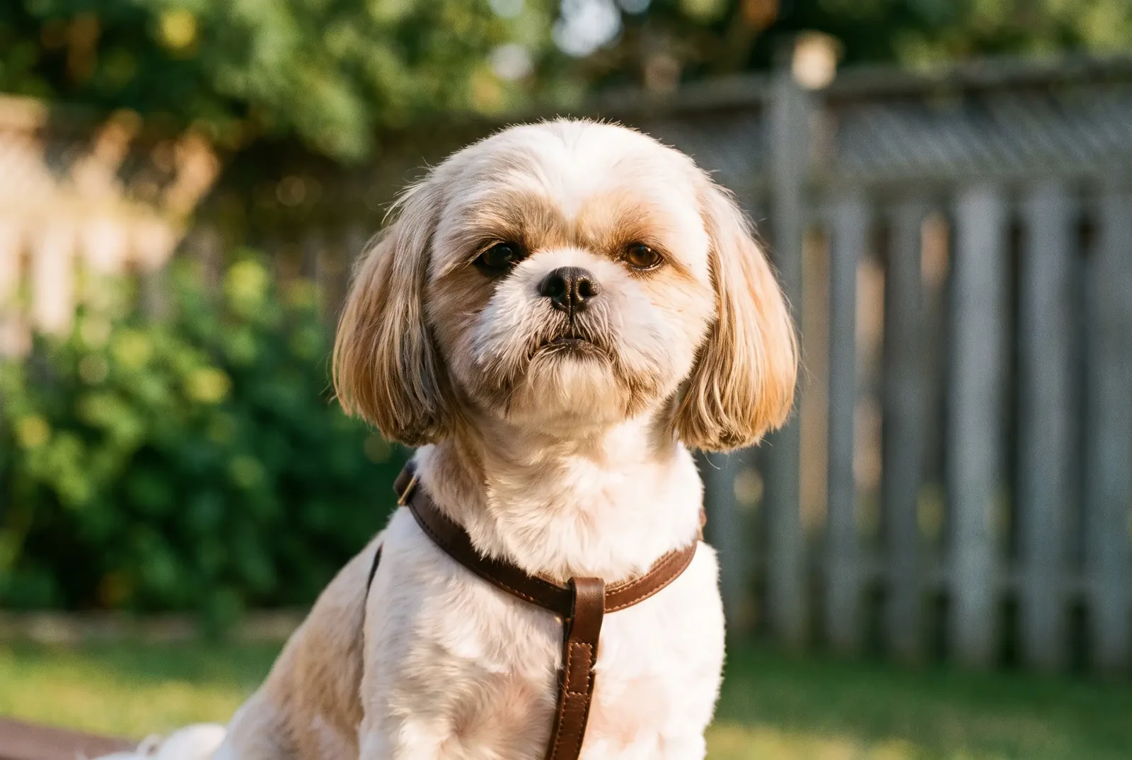 Adult female gold-and-white Shih Tzu sitting in a Texas backyard, illustrating a guide on when to spay a Shih Tzu