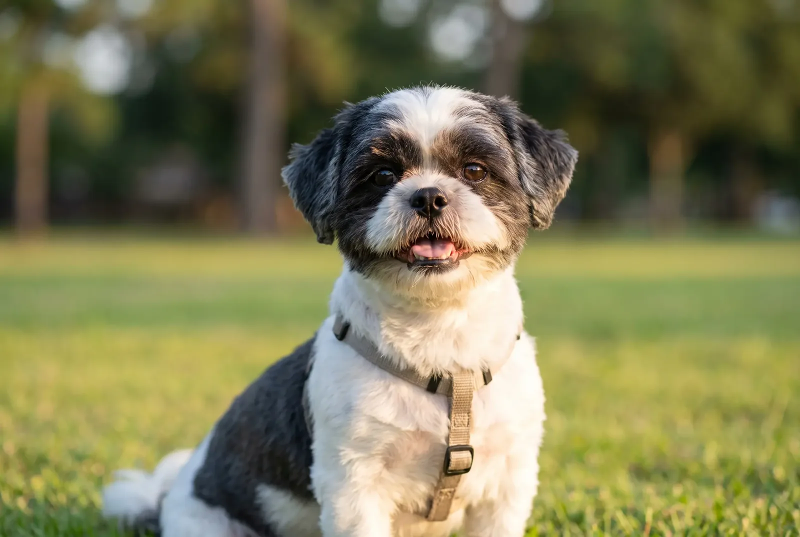 Adult male black-and-white Shih Tzu sitting in a Texas park, illustrating a guide on when to neuter a Shih Tzu