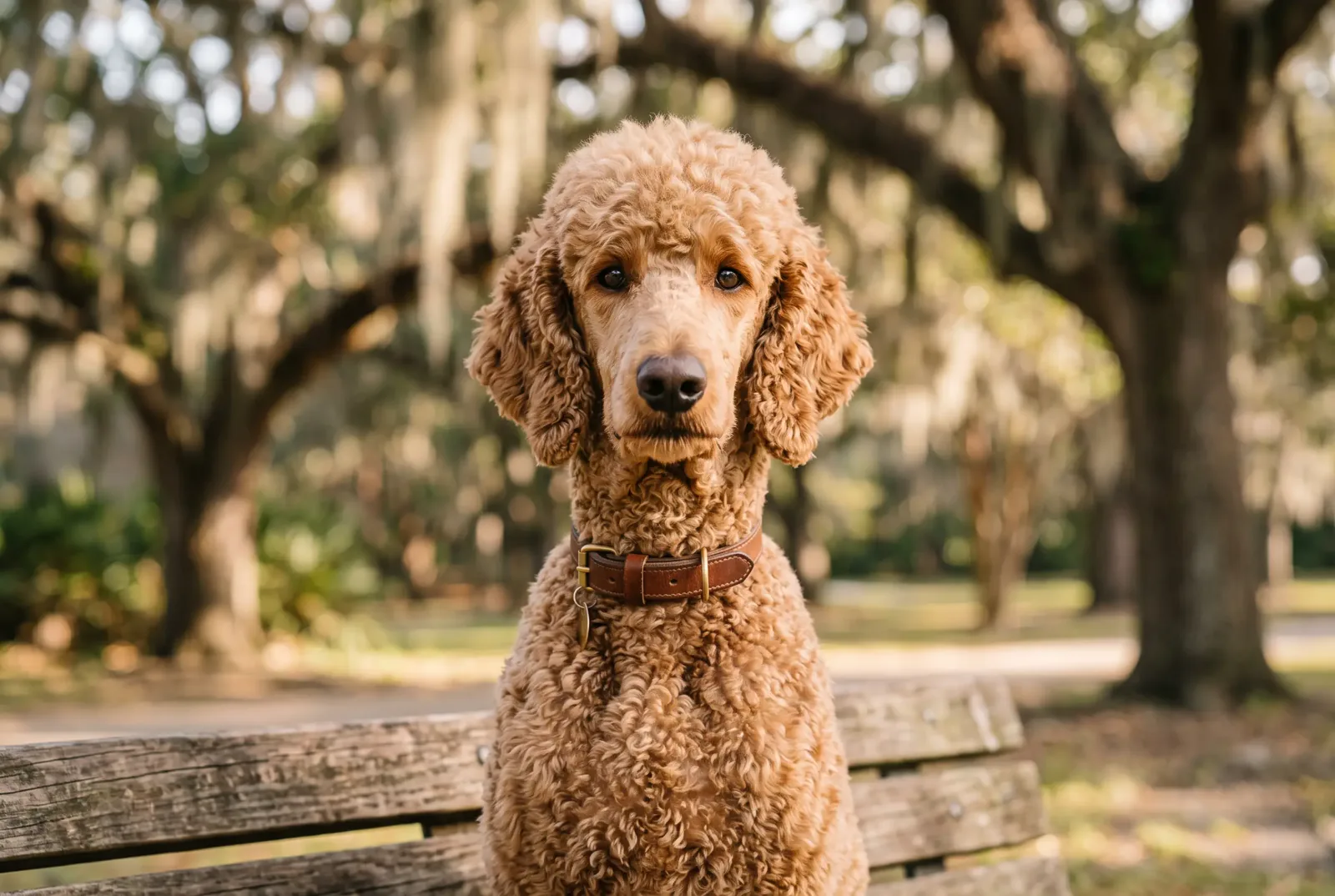 Adult male Standard Poodle with a black curly coat sitting on a Texas lawn, illustrating a guide on when to neuter a Standard Poodle