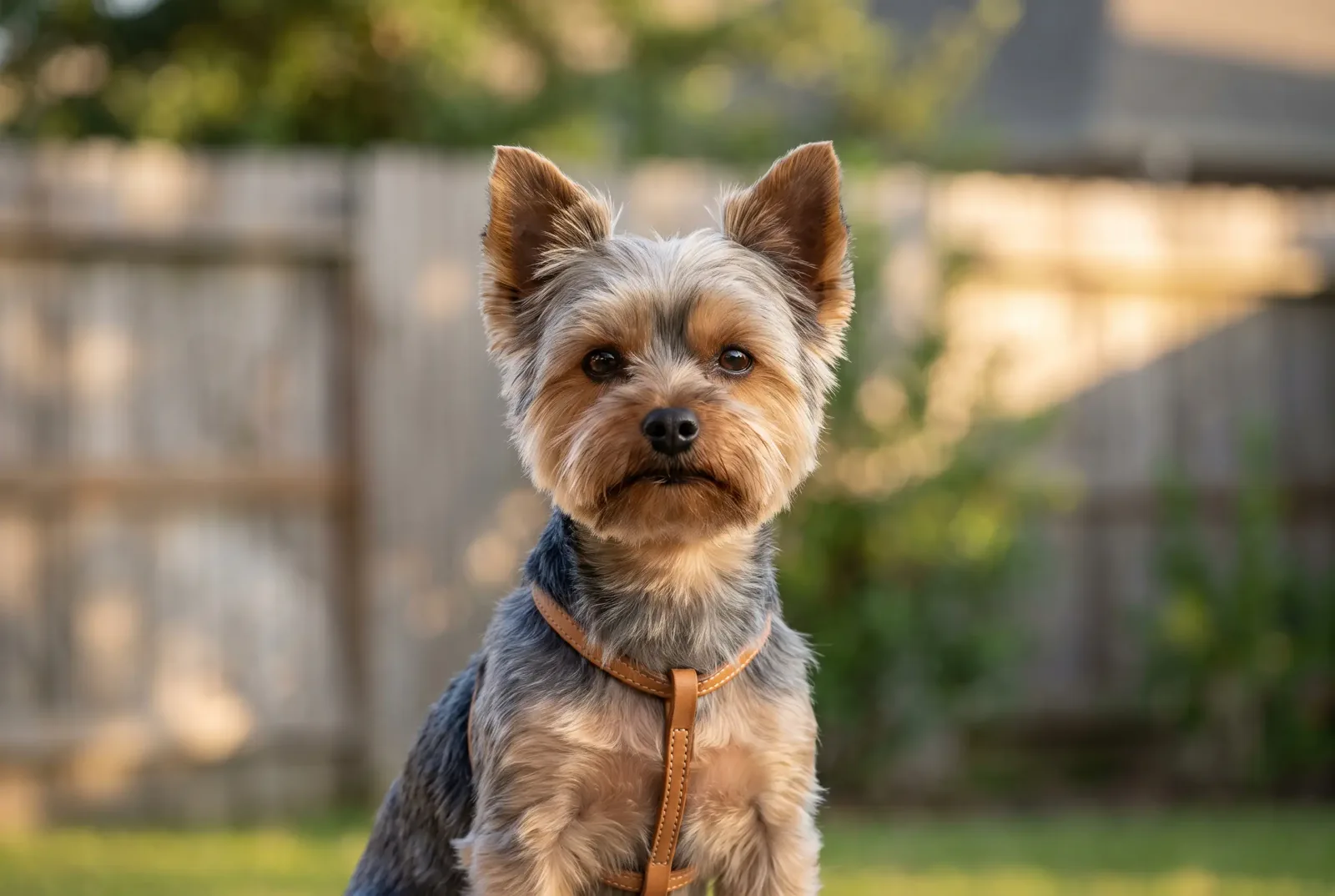 Adult female Yorkshire Terrier sitting in a Texas backyard, illustrating a guide on when to spay a Yorkshire Terrier