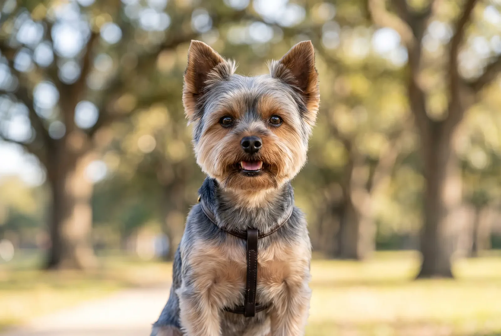 Adult male Yorkshire Terrier sitting in a Texas park, illustrating a guide on when to neuter a Yorkshire Terrier