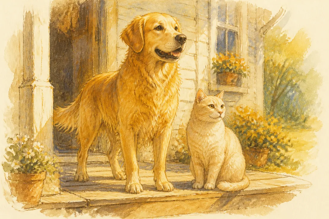 A golden retriever and a cream tabby cat standing together on a sunlit porch