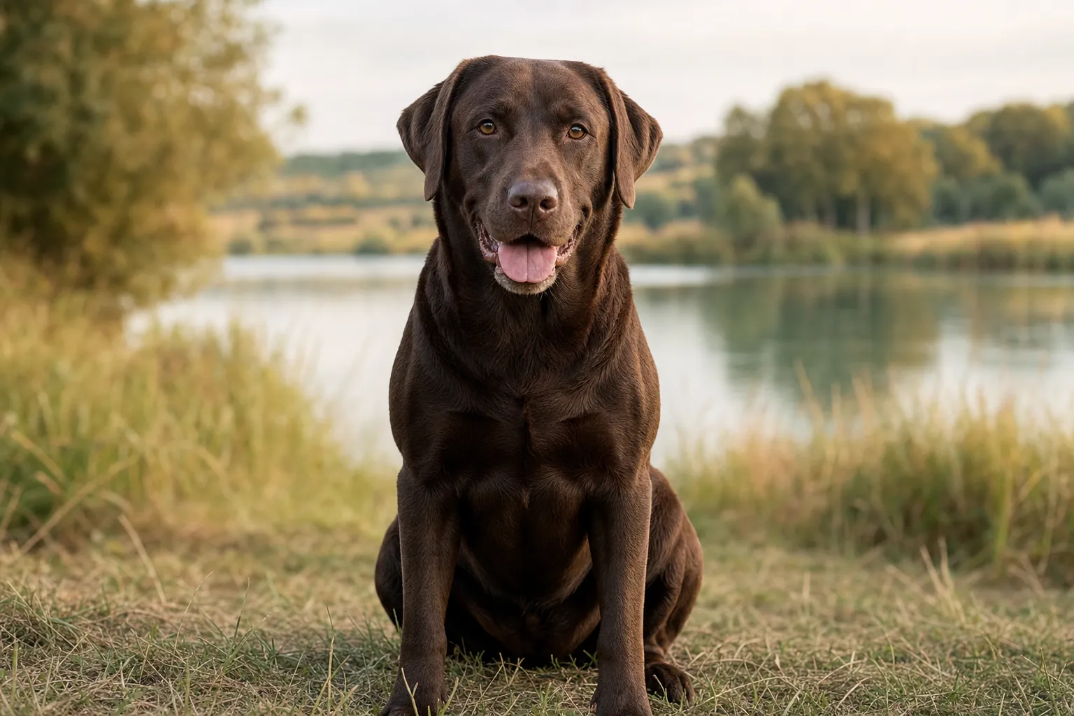 Chocolate Labrador Retriever sitting by a lake at golden hour