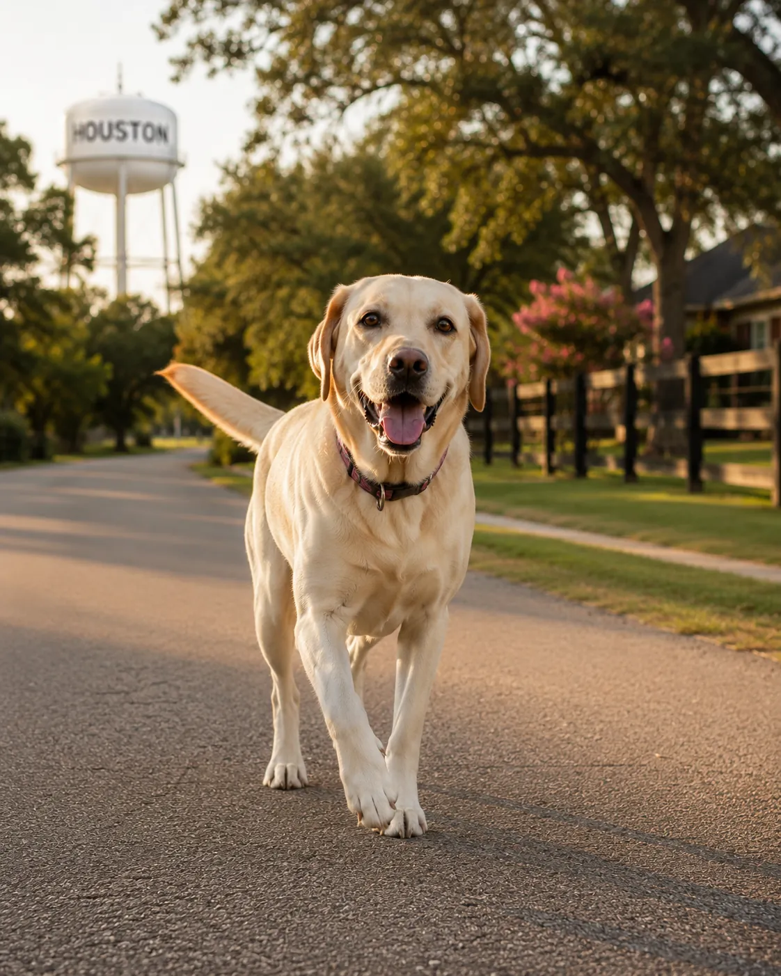 Happy yellow Labrador walking down a Cypress, TX street at sunset with the Houston water tower in the background
