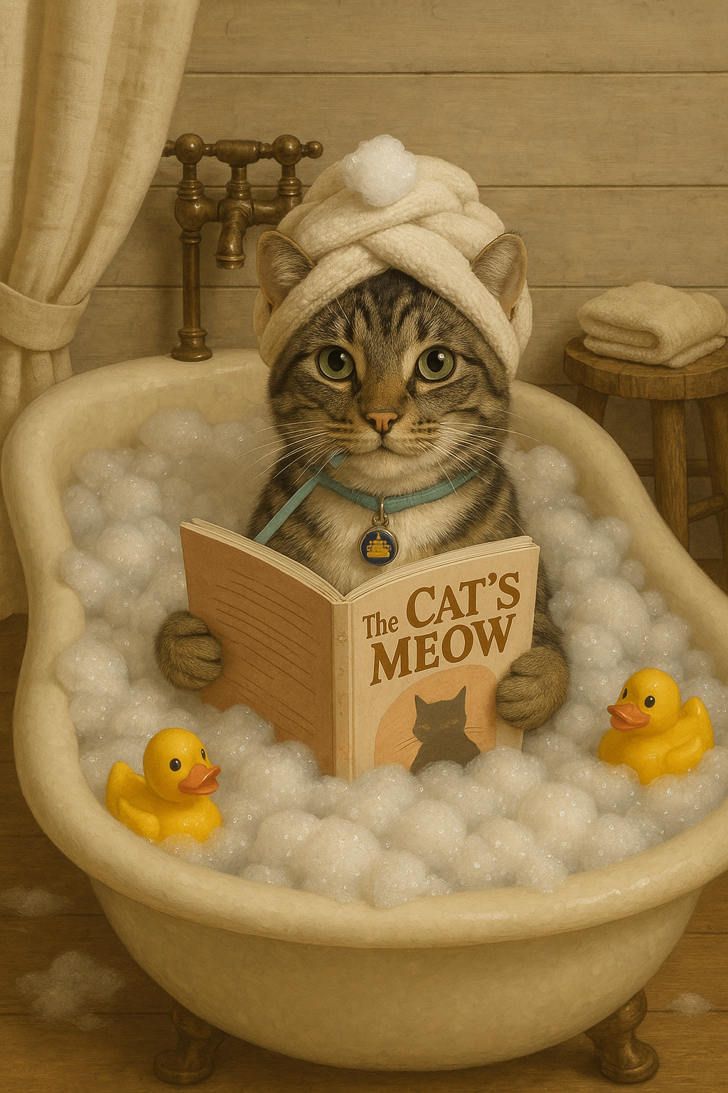 Eli enjoying a relaxing bath while reading The Cat's Meow