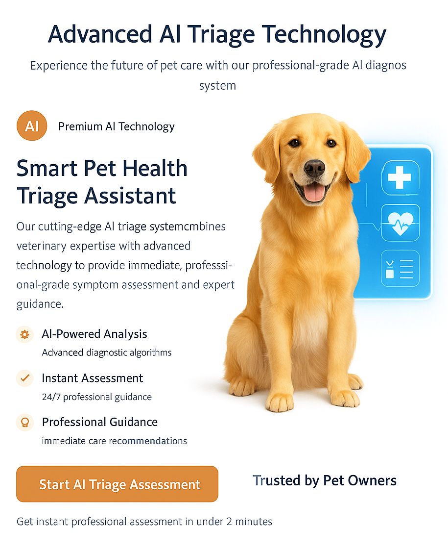 Advanced AI Triage Technology featuring a golden retriever and smart health assessment tools