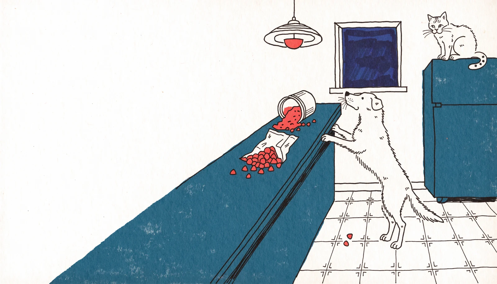 Illustration of a dog with front paws on a kitchen counter reaching for a spilled bag of chocolate chips while a cat watches from the top of the fridge